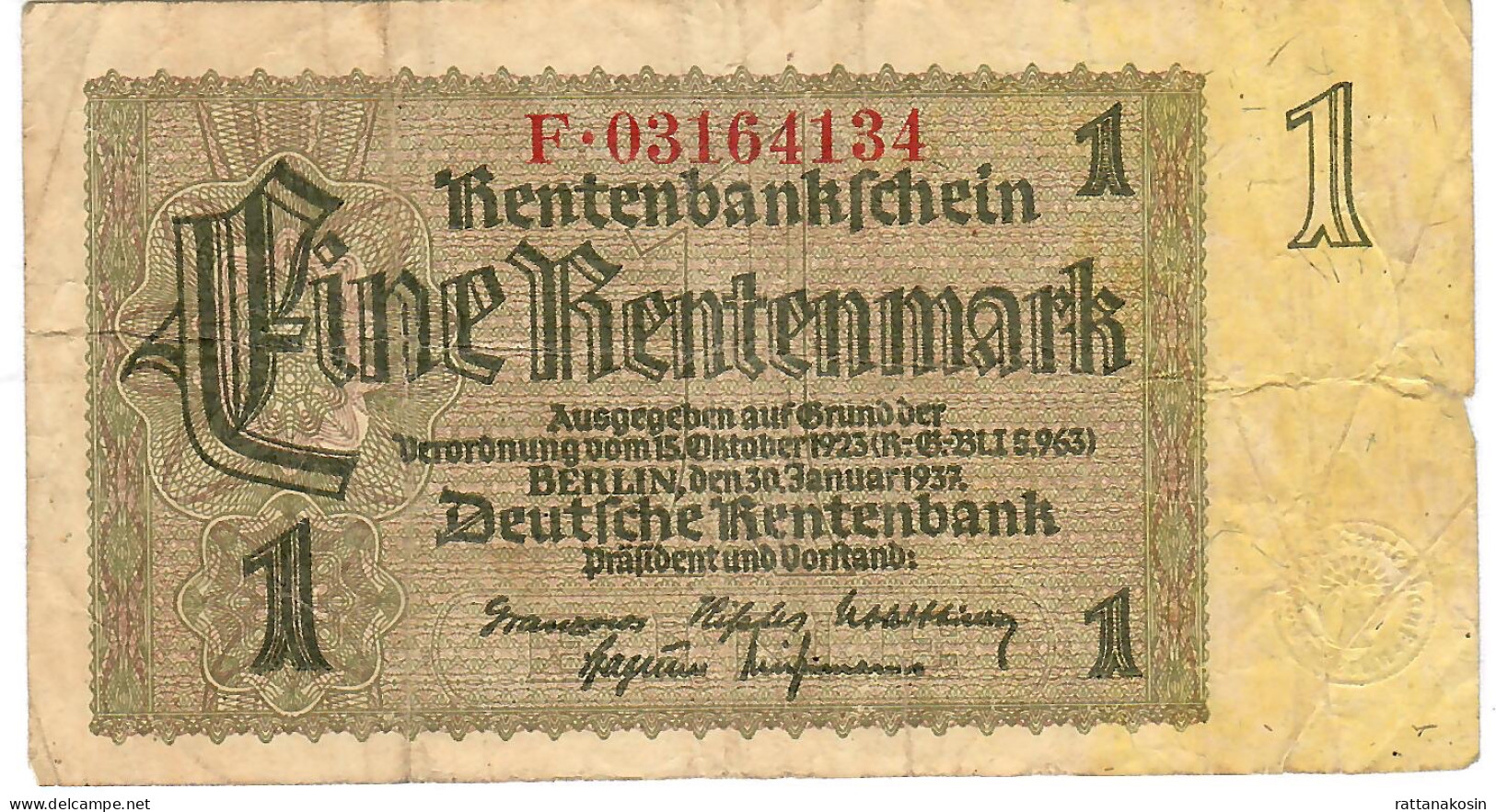 GERMANY P173b  1 RENTENMARK 1937   FINE - Sonstige & Ohne Zuordnung