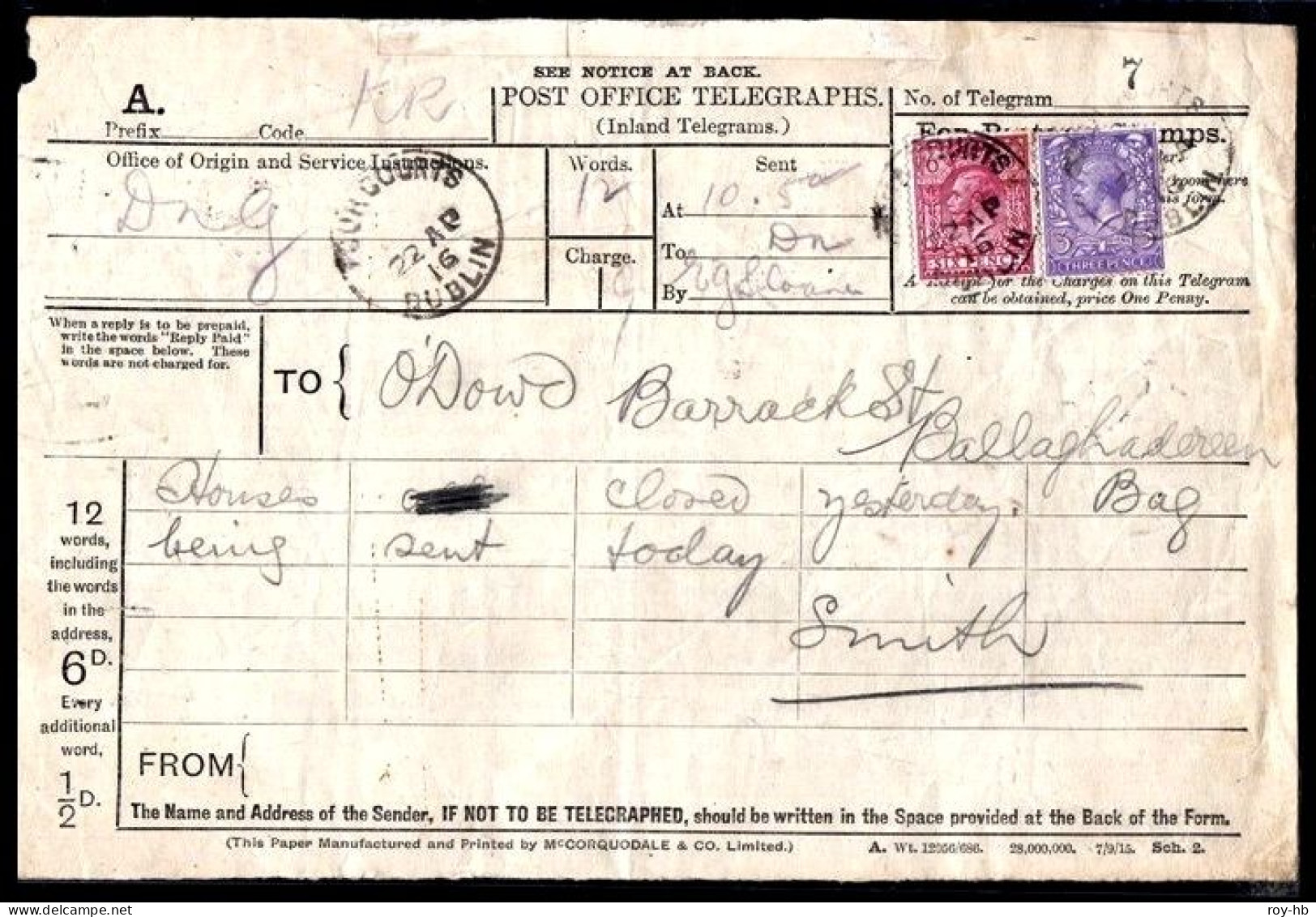 1916 Easter Rising, Telegram Form From The Four Courts 2 Days Before The Rising.  Read On .... - Prephilately