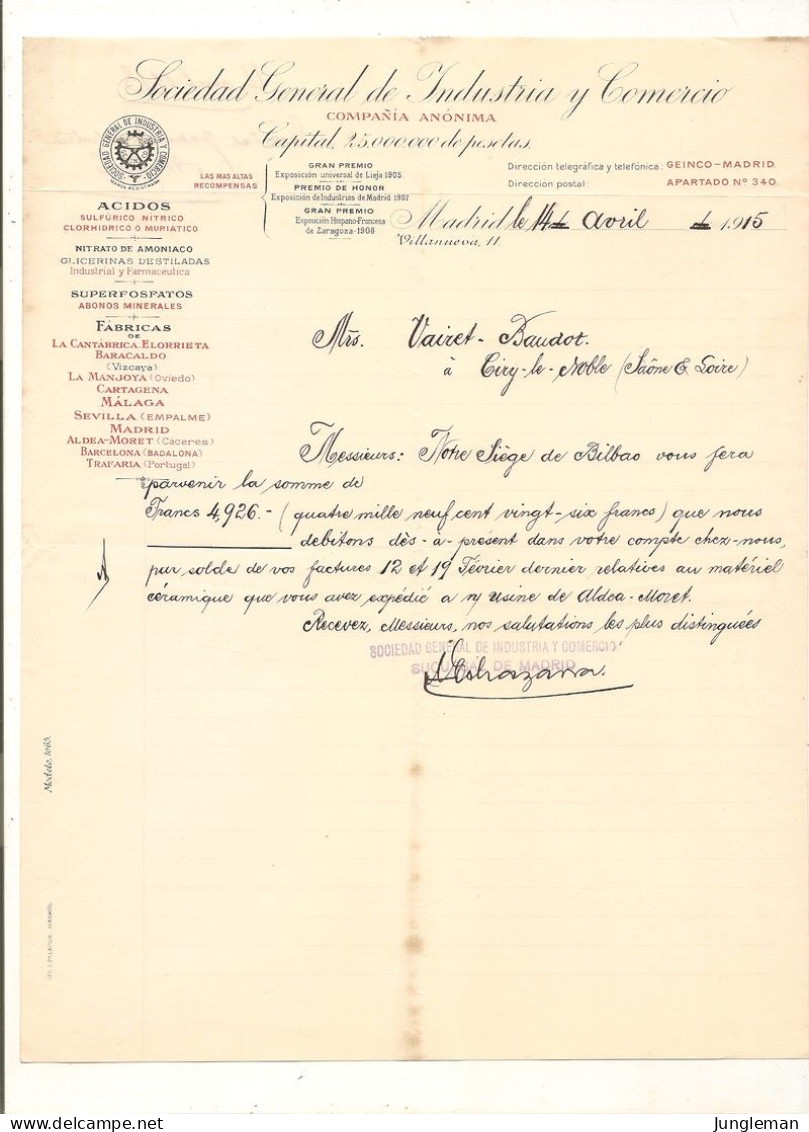 Vieux Papier - Espagne - Madrid - Villanueva - Sociedad General De Industria Y Comercio - Avril 1915 - Spain