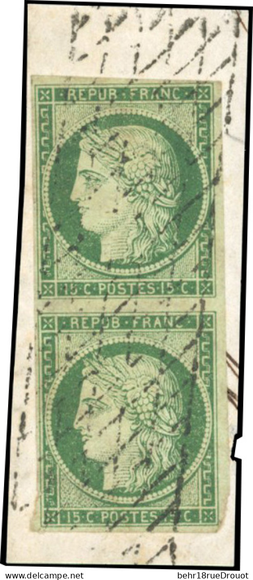 Obl. 2 - 15c. Vert. Paire Obl. Grille Sans Fin S/petit Fragment. Couleur Soutenue. SUP. - 1849-1850 Cérès