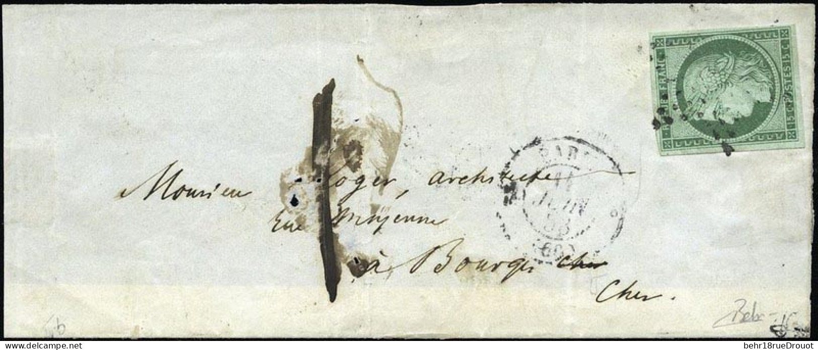 Obl. 2 - 15c. Vert Obl. étoile S/devant De Lettre Frappée Du CàD De PARIS Du 14 Juin 1853 à Destination De BOURGES. Taxe - 1849-1850 Cérès