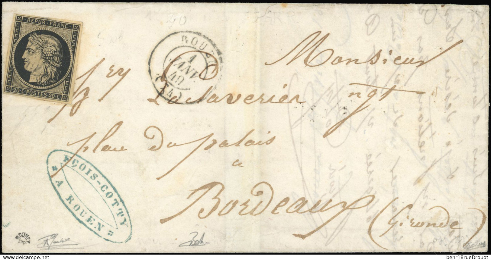 Obl. 3 - 20c. Noir S/jaune Obl. S/lettre Frappée Du CàD De ROUEN (Type 15) Du 1er Janvier 1849 à Destination De BORDEAUX - 1849-1850 Ceres