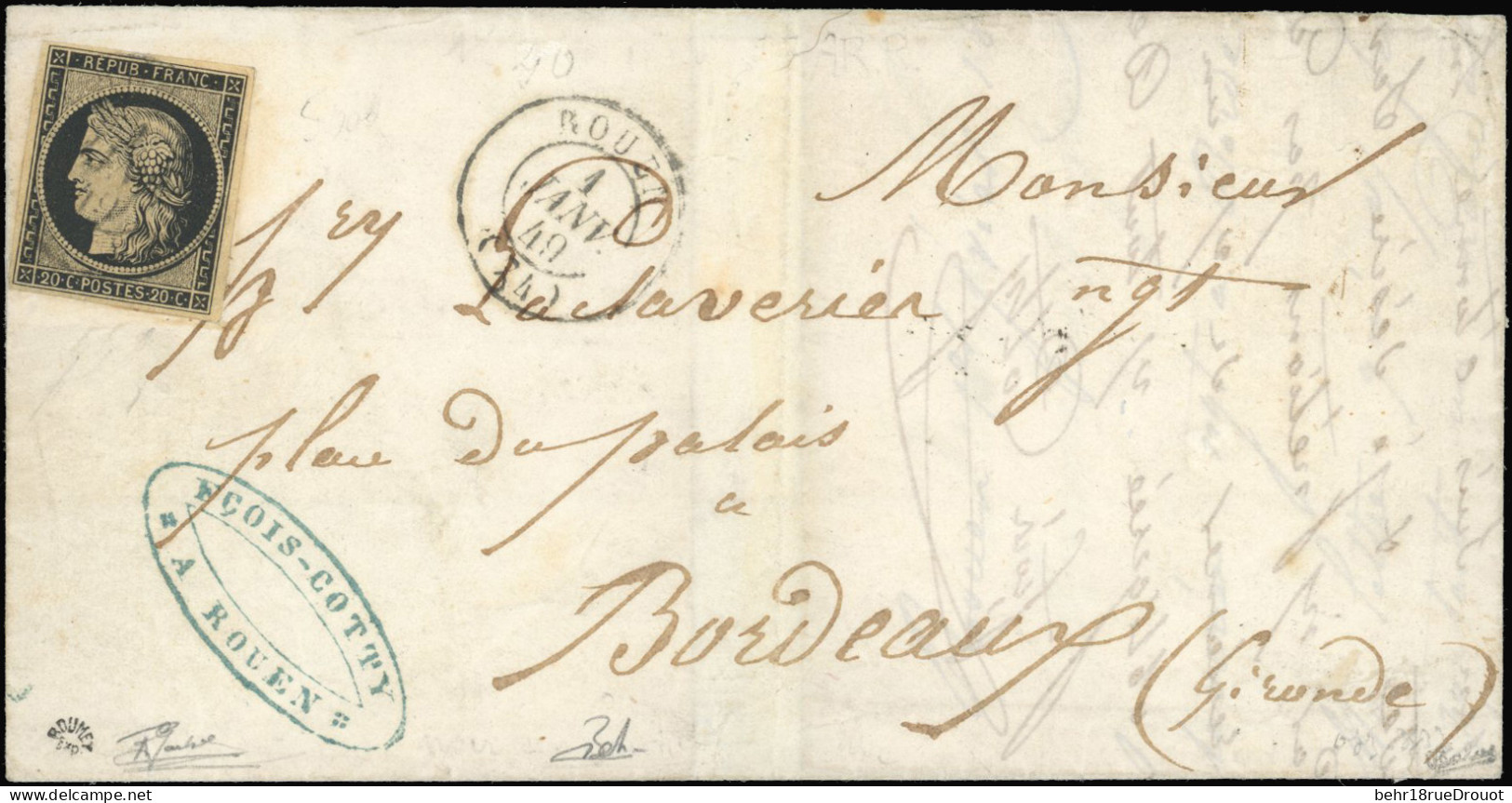 Obl. 3 - 20c. Noir S/jaune Obl. S/lettre Frappée Du CàD De ROUEN (Type 15) Du 1er Janvier 1849 à Destination De BORDEAUX - 1849-1850 Cérès