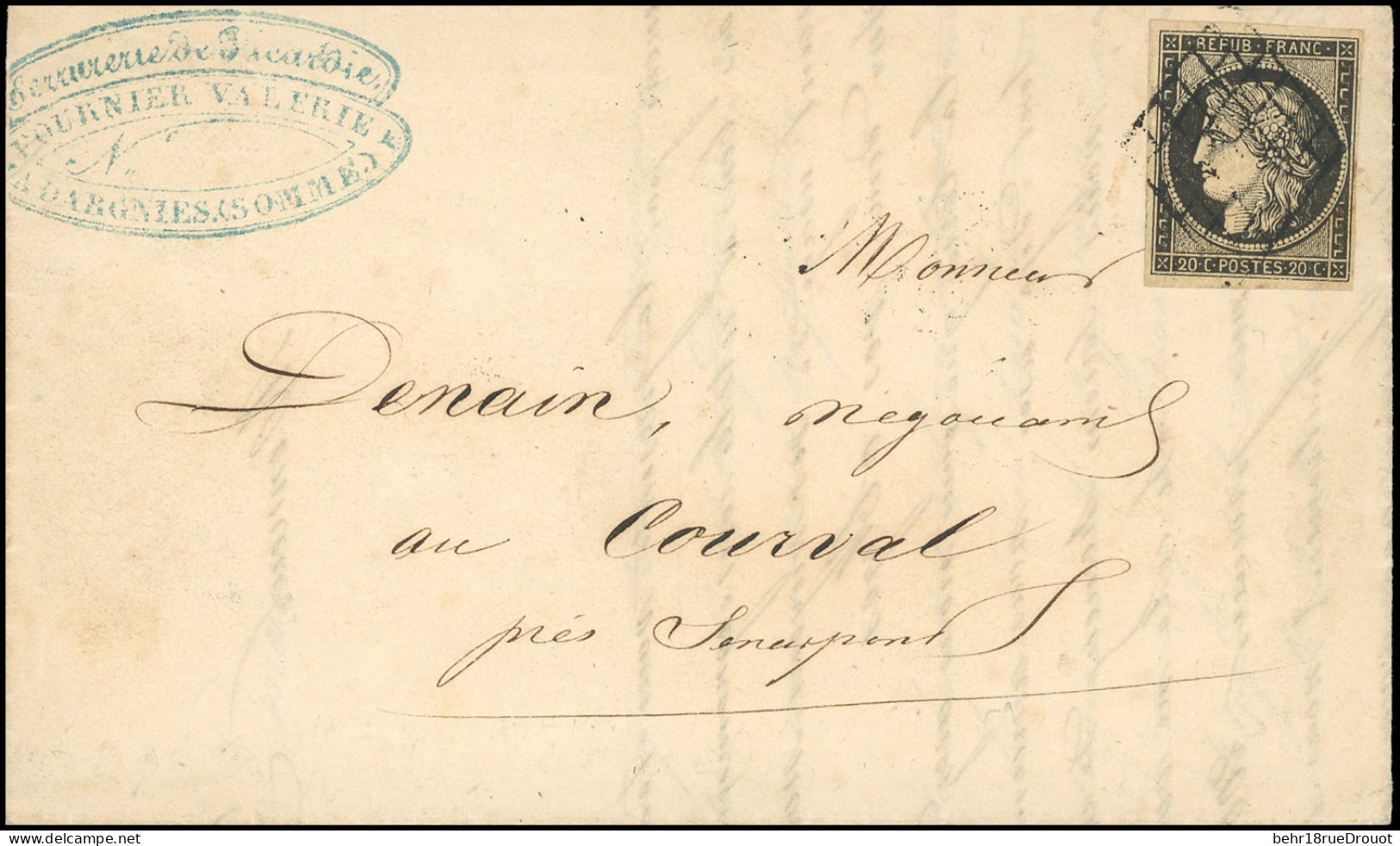 Obl. 3 - 20c. Noir S/jaune, Obl. Grille S/lettre Manuscrite De DARGNIES Du 29 Décembre 1849 à Destination De COURVAL. Ca - 1849-1850 Ceres