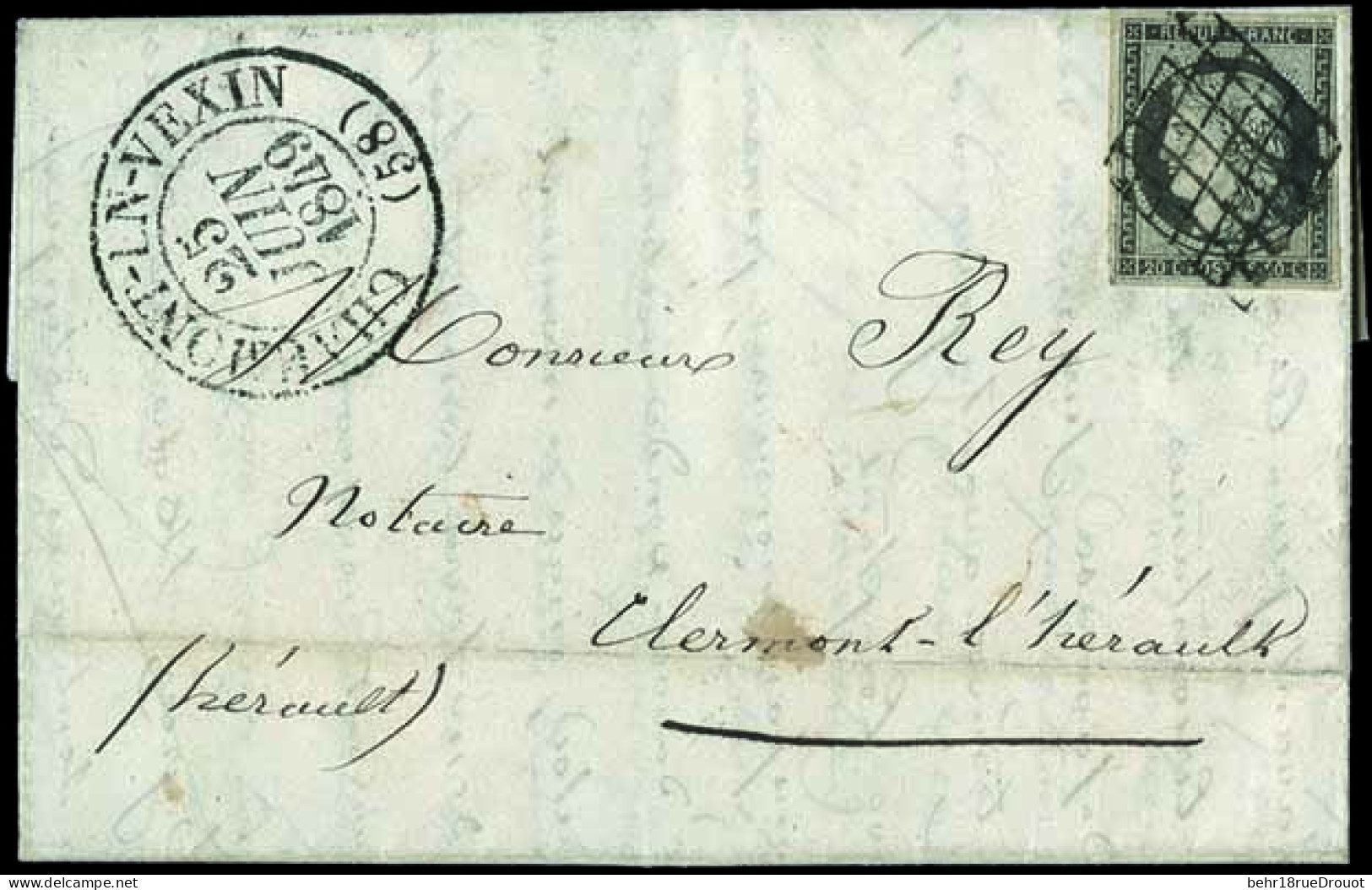 Obl. 3c - 20c. Gris-noir Obl. Grille S/lettre Frappée Du CàD (type 13) ''CHAUMONT EN VEXIN 25 Juin 49'' à Destination De - 1849-1850 Ceres