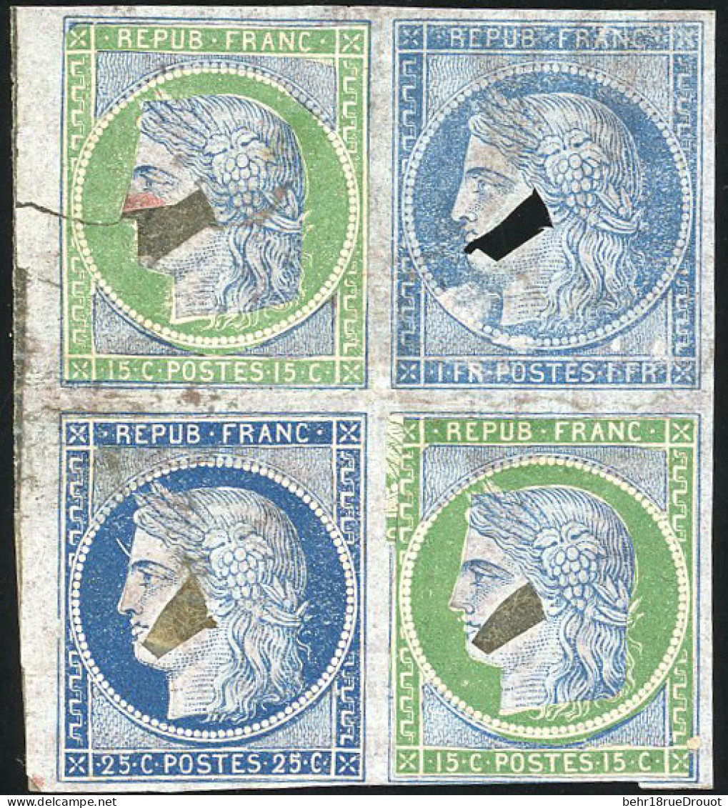 (*) 4 - Essai Avec Découpures Pour Coussinet Du 25c. Bleu Foncé X 2 + 15c. Vert S/support Du 1F. En Bleu. TB. R. - 1849-1850 Ceres