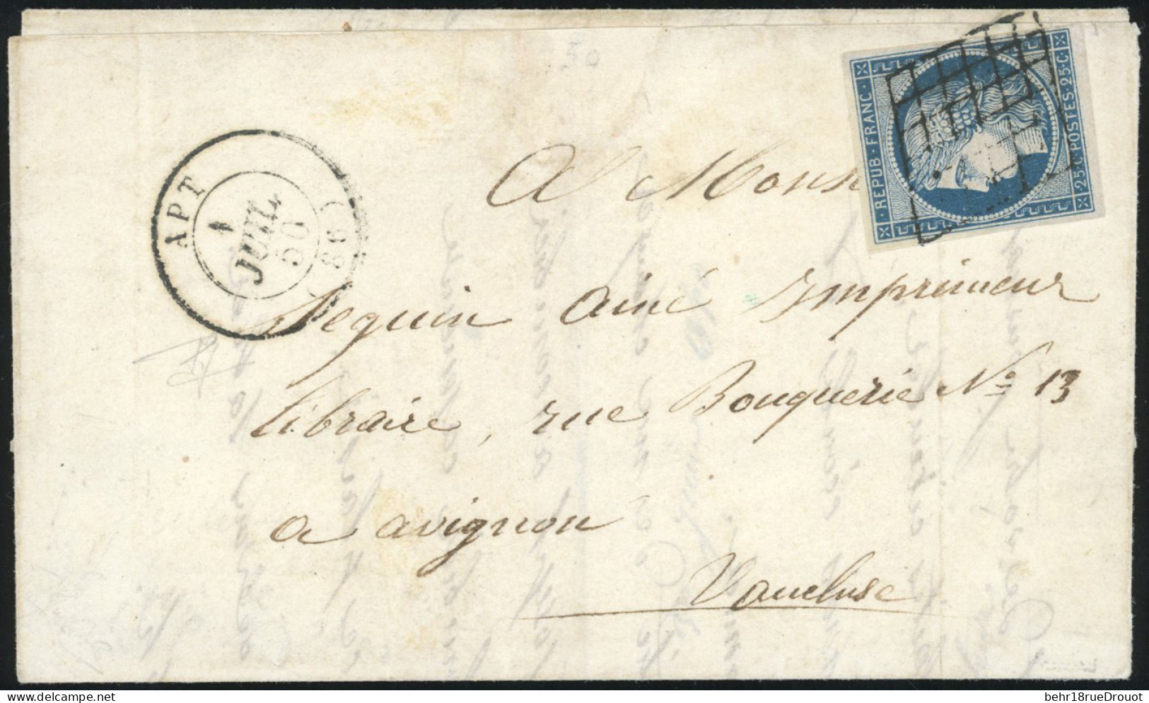 Obl. 4 - 25c. Bleu Obl. Grille S/lettre Frappée Du CàD D'APT Du 1er Juillet 1850 à Destination De AVIGNON. 1er Jour Du N - 1849-1850 Cérès