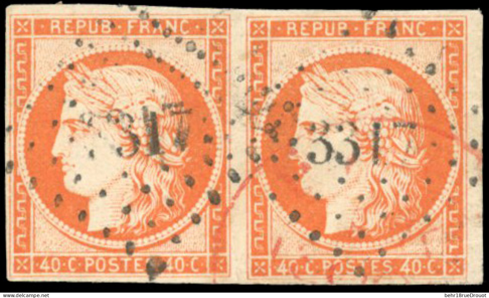 Obl. 5b - Paire Du 40c. Orange Foncé, Obl. PC 3317 Et CàD Rouge. Très Légère Pliure Dans Un Angle Sinon SUP. - 1849-1850 Cérès