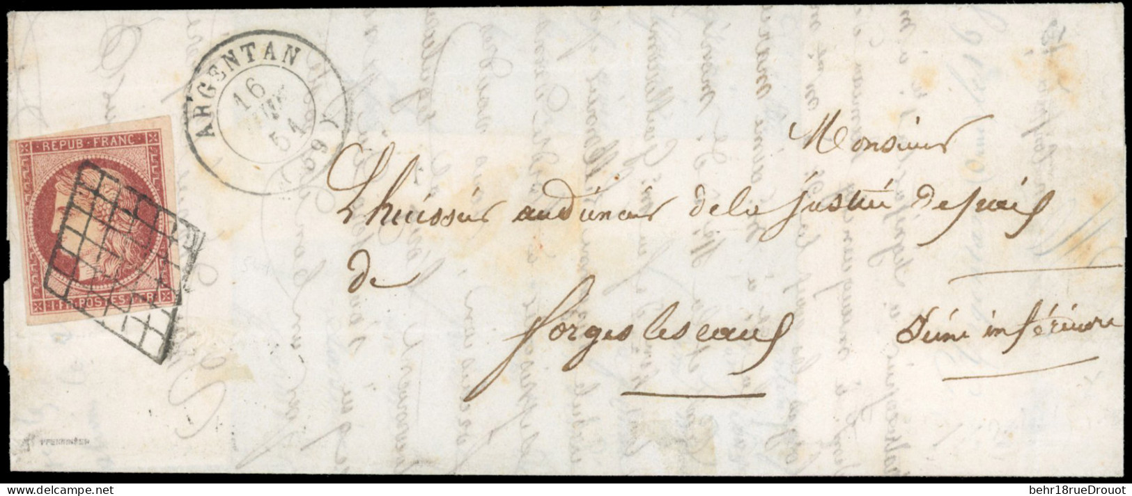 Obl. 6 - 1F. Carmin Obl. Grille S/lettre Frappée Du CàD D'ARGENTAN Du 16 Juin 1851 à Destination De FORGES-LES-EAUX - SE - 1849-1850 Ceres