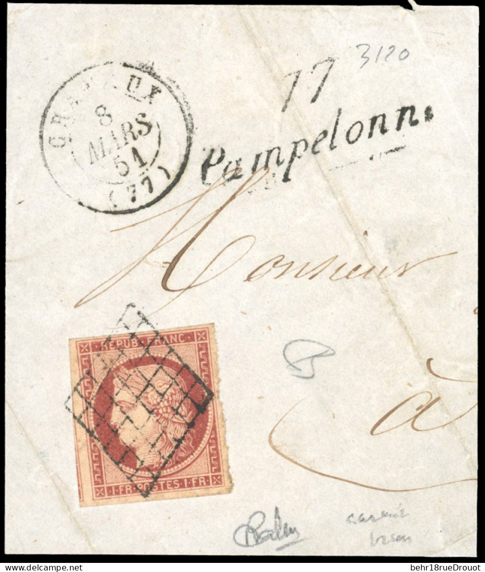 Obl. 6B - 1F. Carmin-brun Obl. Grille S/fragment Frappé Du CàD De BORDEAUX Du 8 Mars 1851 Et De La Cursive ''77 PAINPELO - 1849-1850 Cérès