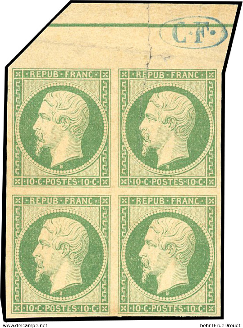 (*) 9 - Essai Du 10c. Vert S/jaune. Bloc De 4 Avec Filet D'encadrement + Cachet De Contrôle C.F. Dans La Marge. Défauts  - 1852 Louis-Napoleon