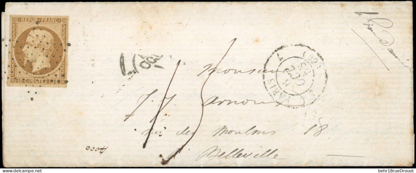 Obl. 9 - 10c. Bistre-jaune Obl. étoile S/lettre Locale Frappée Du CàD De PARIS (60) Du 6 Octobre 1853. Lettre Avec Taxe  - 1852 Louis-Napoléon