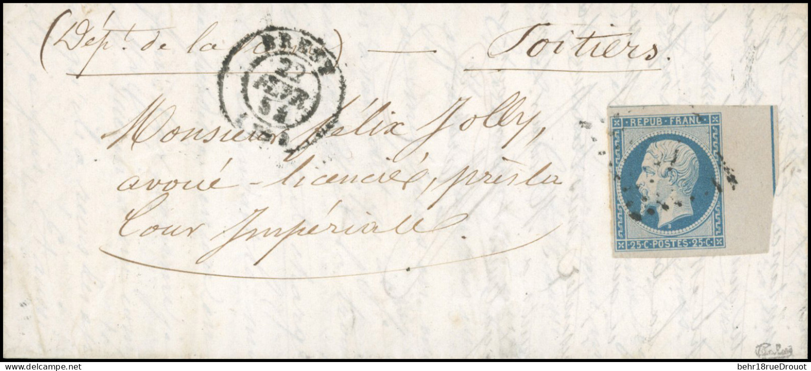 Obl. 10b - 25c. Bleu Avec Filet D'encadrement, Obl. étoile S/lettre Frappée Du CàD De BREST Du 22 Février 1854 à Destina - 1852 Louis-Napoleon