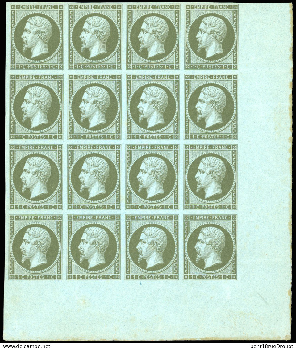 ** 11 - 1c. Olive. Bloc De 16. Coin De Feuille. Léger Pli D'archive. Fraîcheur Postale. TB. R. - 1853-1860 Napoleon III