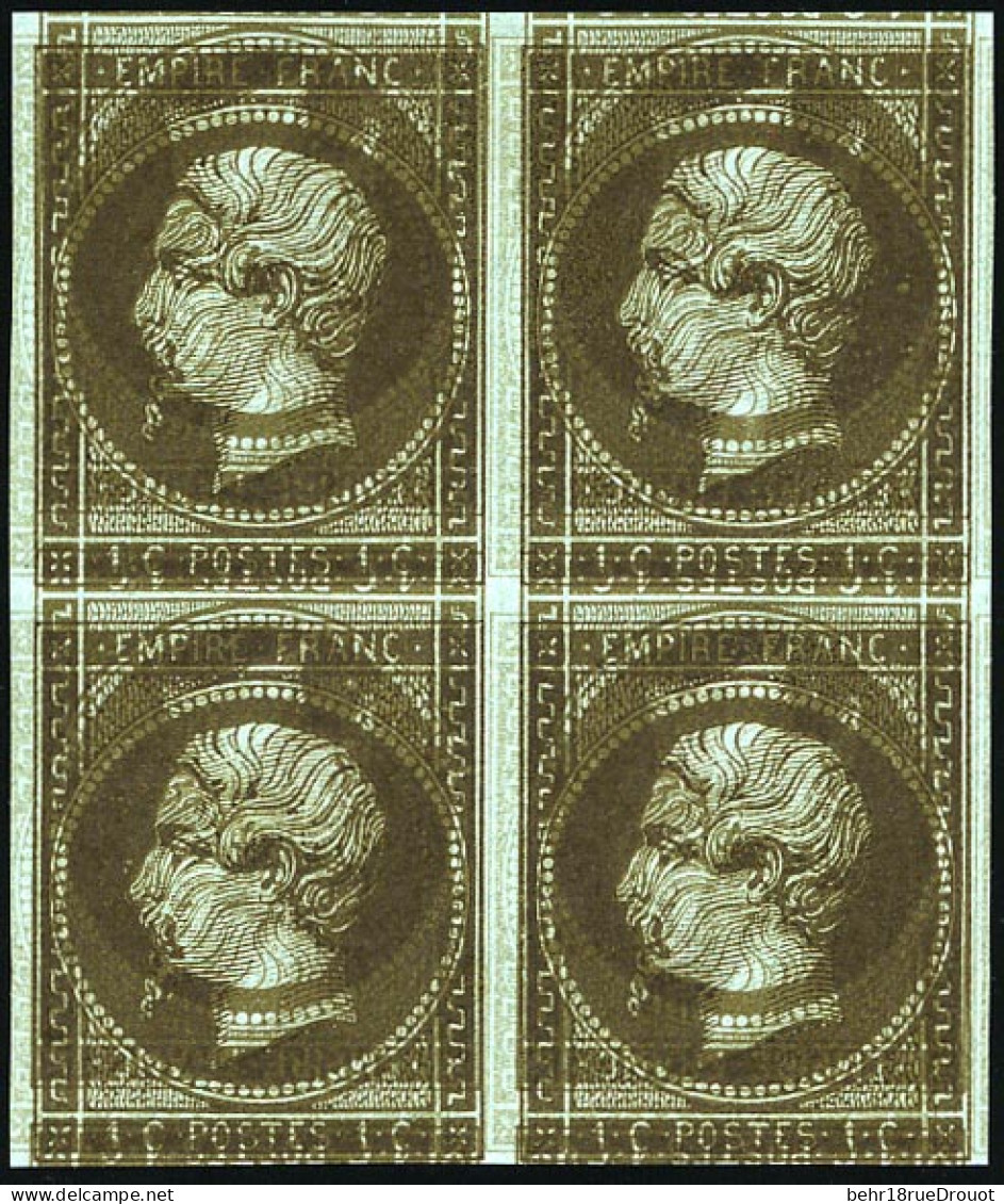 (*) 11c - 1c. 2 X Bloc De 4. BdeF. Double Impression Dont Une Renversée. TB. - 1853-1860 Napoleon III