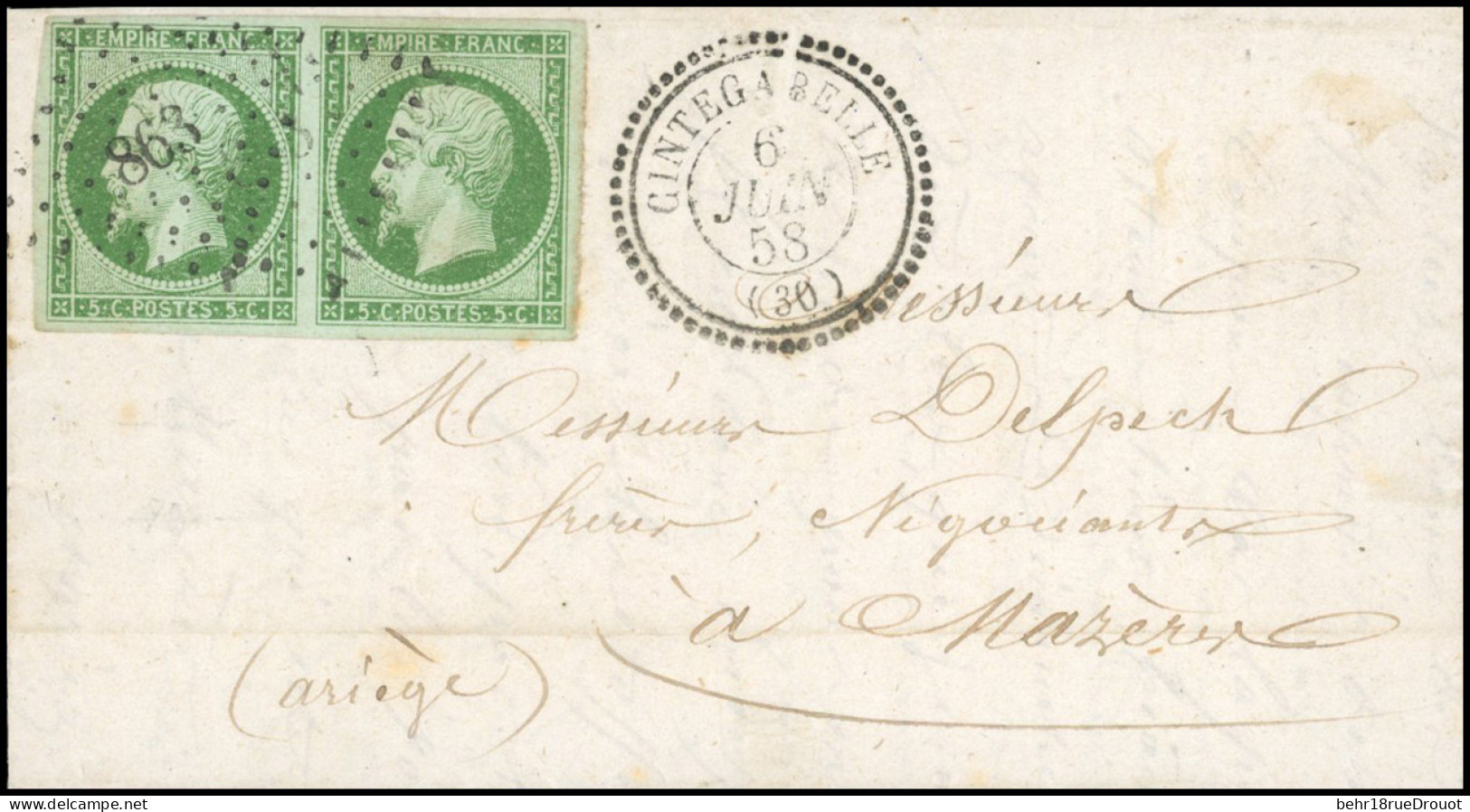 Obl. 12 - Paire Du 5c. Vert Obl. PC 863 S/lettre Frappée Du CàD Perlé (Type 22) De CINTEGA BELLE Du 6 Juin 1858 à Destin - 1853-1860 Napoléon III