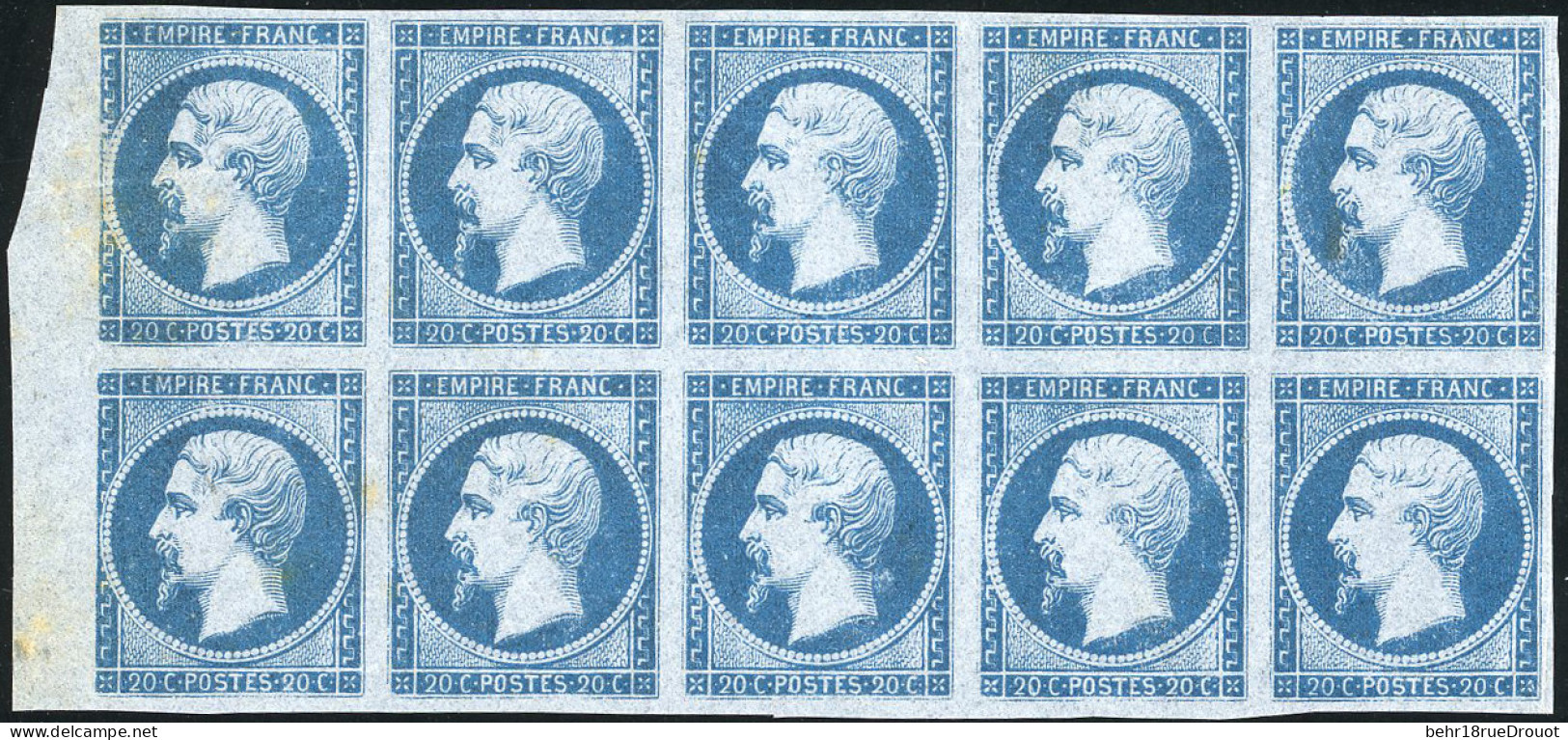(*) 14 - Essai Du 20c. Bleu. Bloc De 10. Papier Pelure. BdeF. SUP. - 1853-1860 Napoléon III