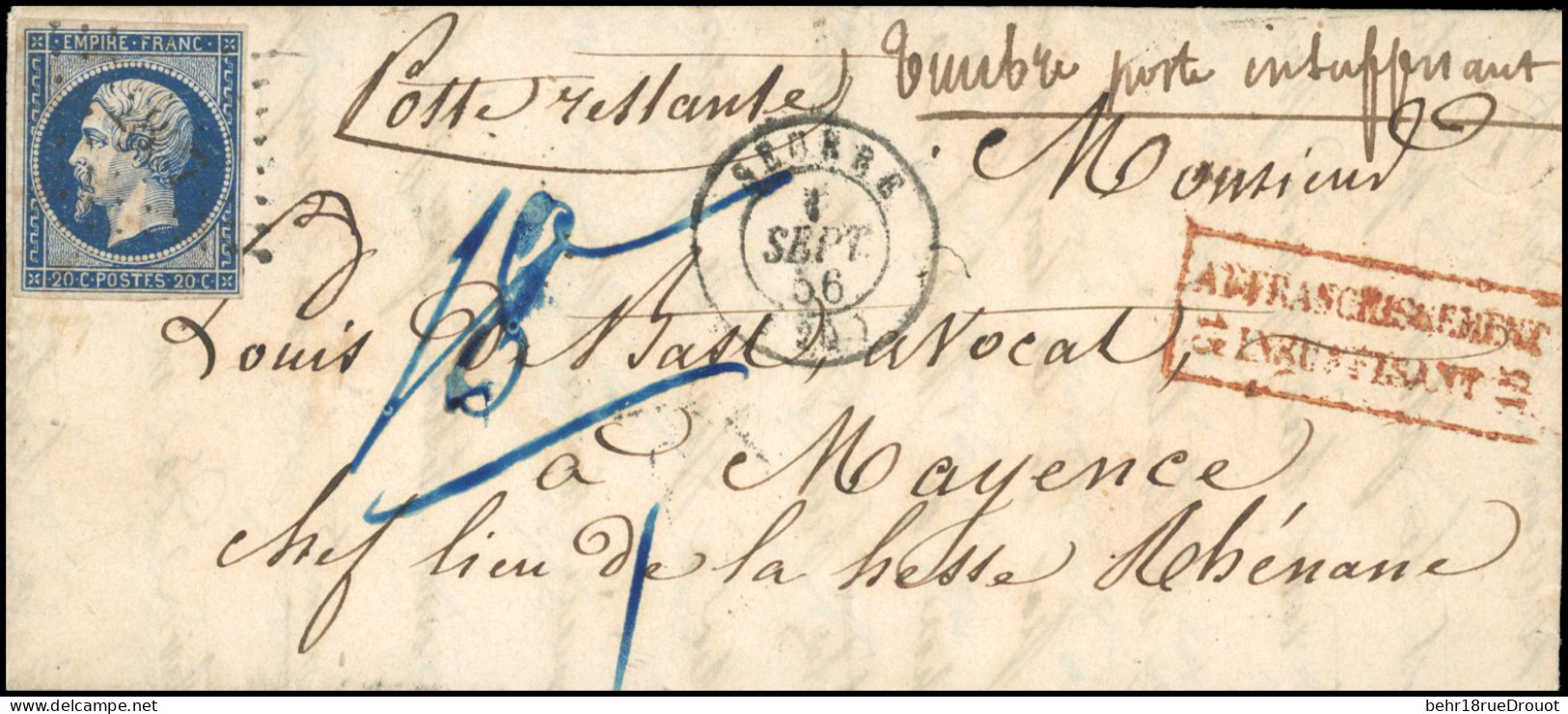 Obl. 14A - 20c. Bleu Obl. S/lettre Frappée Du CàD De SEURRE Du 1er Septembre 1856 à Destination De MAYENCE - ALLEMAGNE.  - 1853-1860 Napoléon III