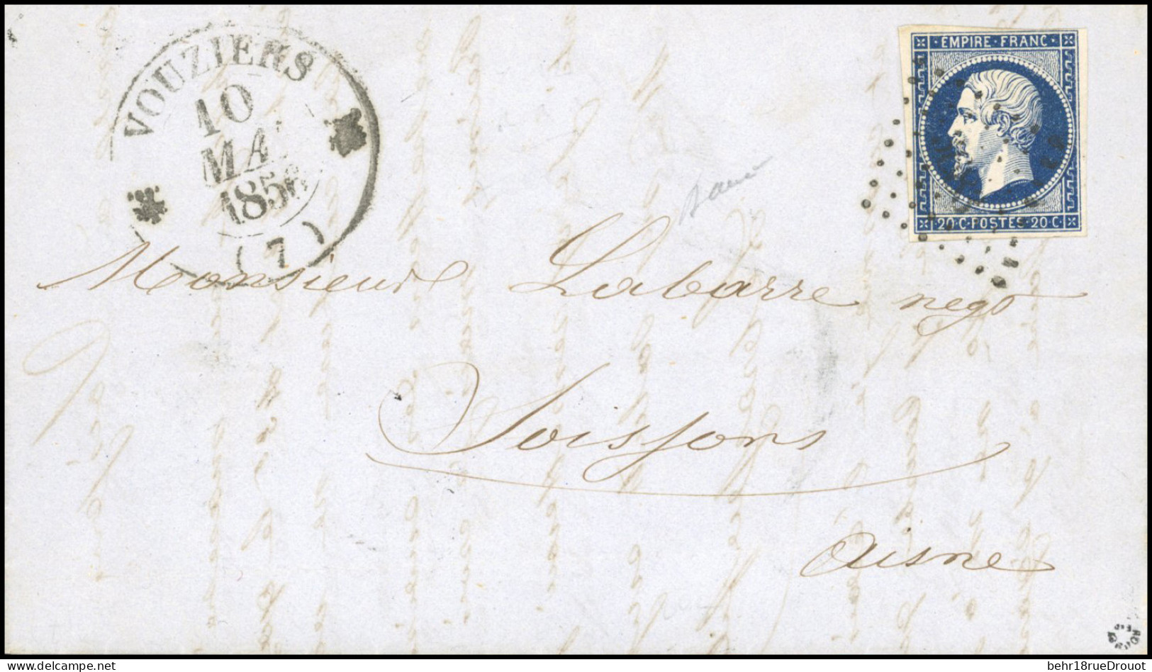Obl. 14Aa - 20c. Bleu Foncé Obl. PC 3683 S/lettre Frappée Du CàD (Type 12) De VOUZIERS Du 10 Mai 1856 à Destination De S - 1853-1860 Napoleon III