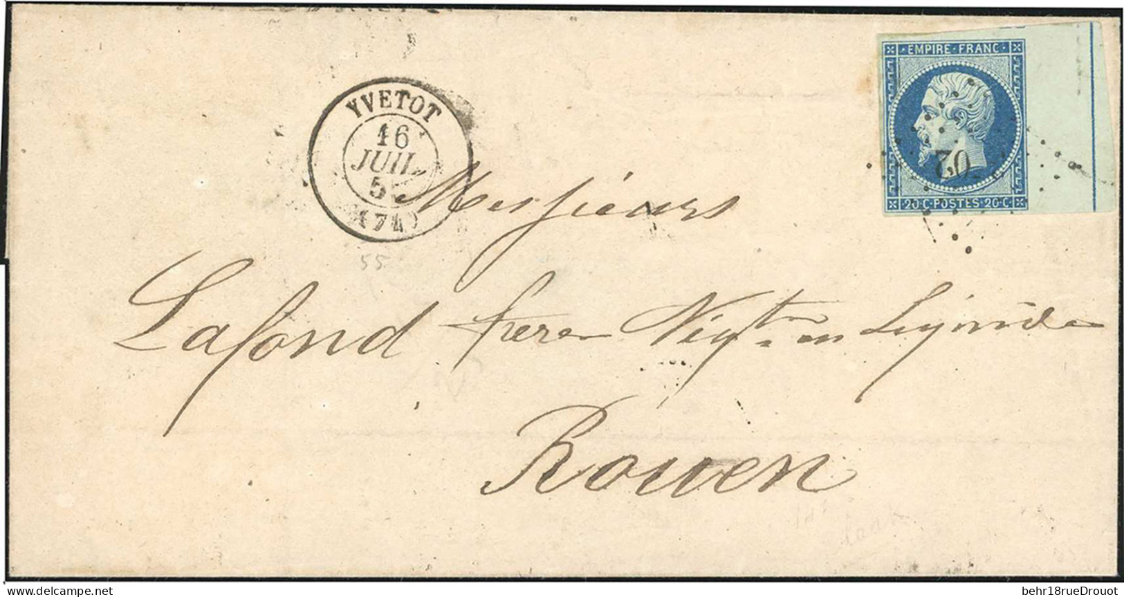 Obl. 14Ad - 20c. Bleu S/vert, Bord De Feuille Avec Filet D'encadrement, Obl. S/lettre Portant Le CàD D'YVETOT Du 16 Juil - 1853-1860 Napoléon III.