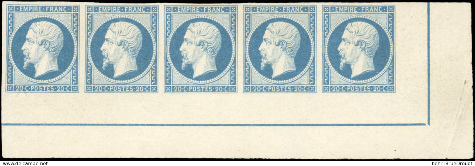 * 14Ai - 20c. Bleu. Bande De 5. CdeF Avec Filet D'encadrement Complet. Fraîcheur Postale. Pièce De Rêve. SUP. - 1853-1860 Napoléon III.