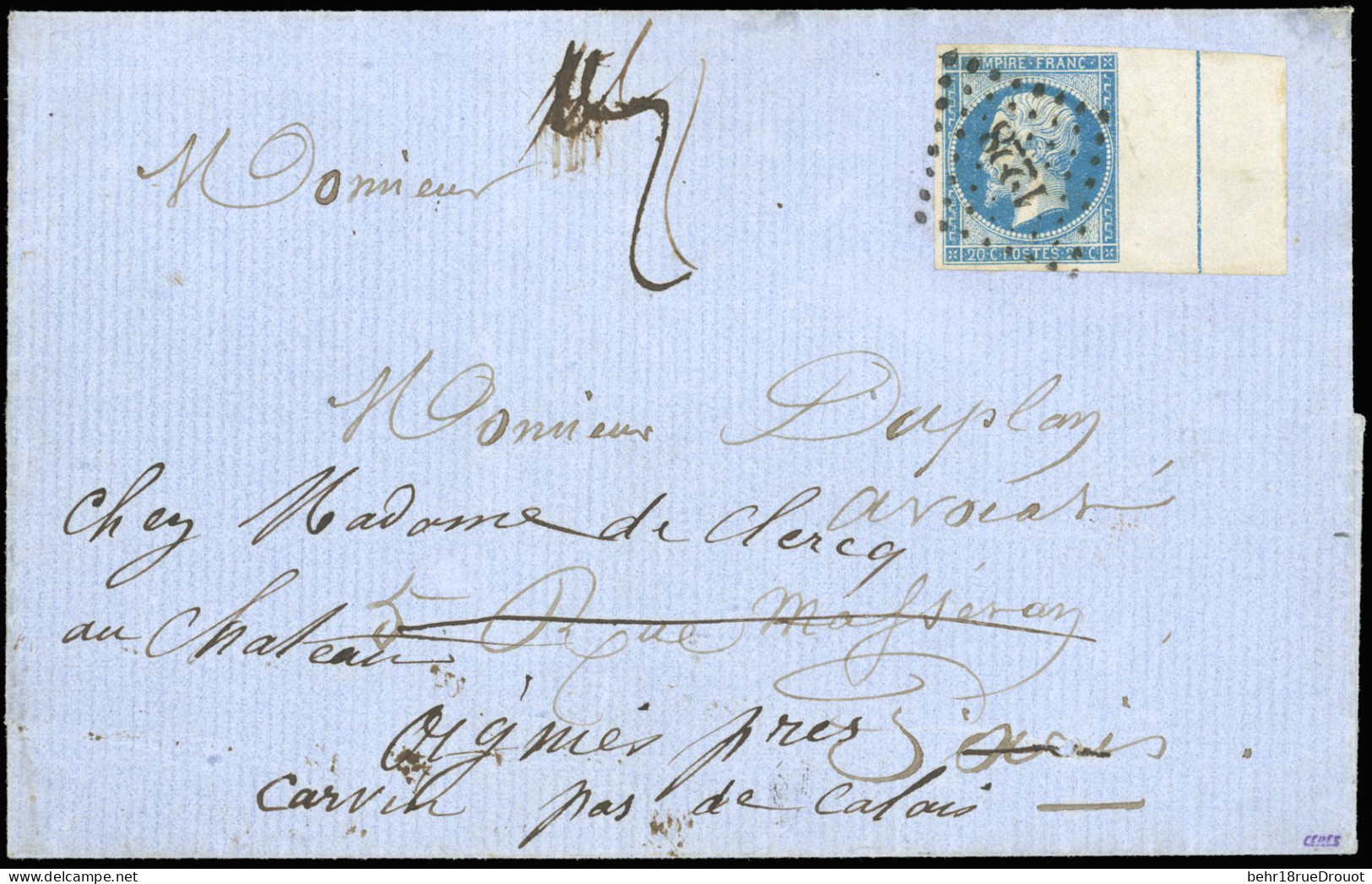 Obl. 14Ai - 20c. Bleu, Bord De Feuille Avec Filet D'encadrement, Obl. PC 1228 S/lettre à Destination De PARIS, Puis Réex - 1853-1860 Napoléon III