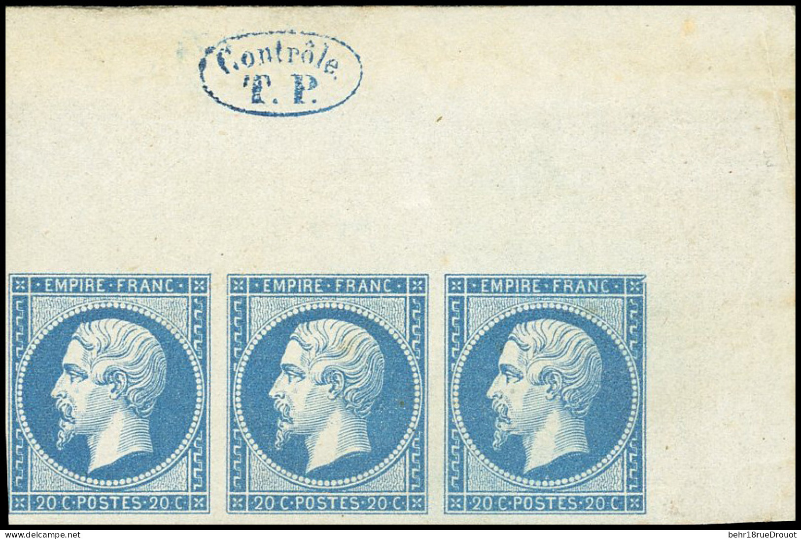 ** 14B - 20c. Bleu. Bande 3. CdeF Avec Cachet ''Contrôle T.P.''. SUP. - 1853-1860 Napoléon III