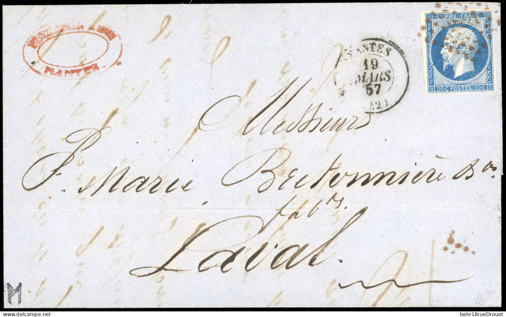 Obl. 14B - 20c. Bleu Obl. PC2221 Rouge S/lettre Frappée Du CàD De NANTES Du 19 Mars 1857 à Destination De LAVAL. TB. - 1853-1860 Napoléon III