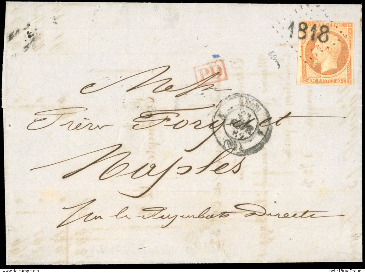 Obl. 16 - 40c. Orange Obl. Essai De GC 1818 Bâton S/lettre Frappée Du CàD De LYON Du 21 Février 1862 à Destination De NA - 1853-1860 Napoleon III