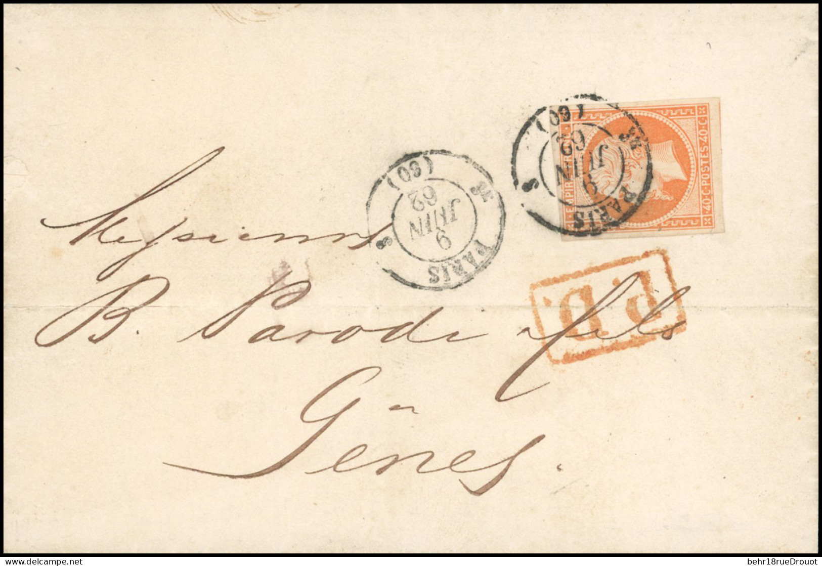 Obl. 16 - 40c. Orange Obl. S/lettre Frappée Du CàD De PARIS (60) Du 9 Juin 1862 à Destination De GENES - ITALIE. Arrivée - 1853-1860 Napoleon III