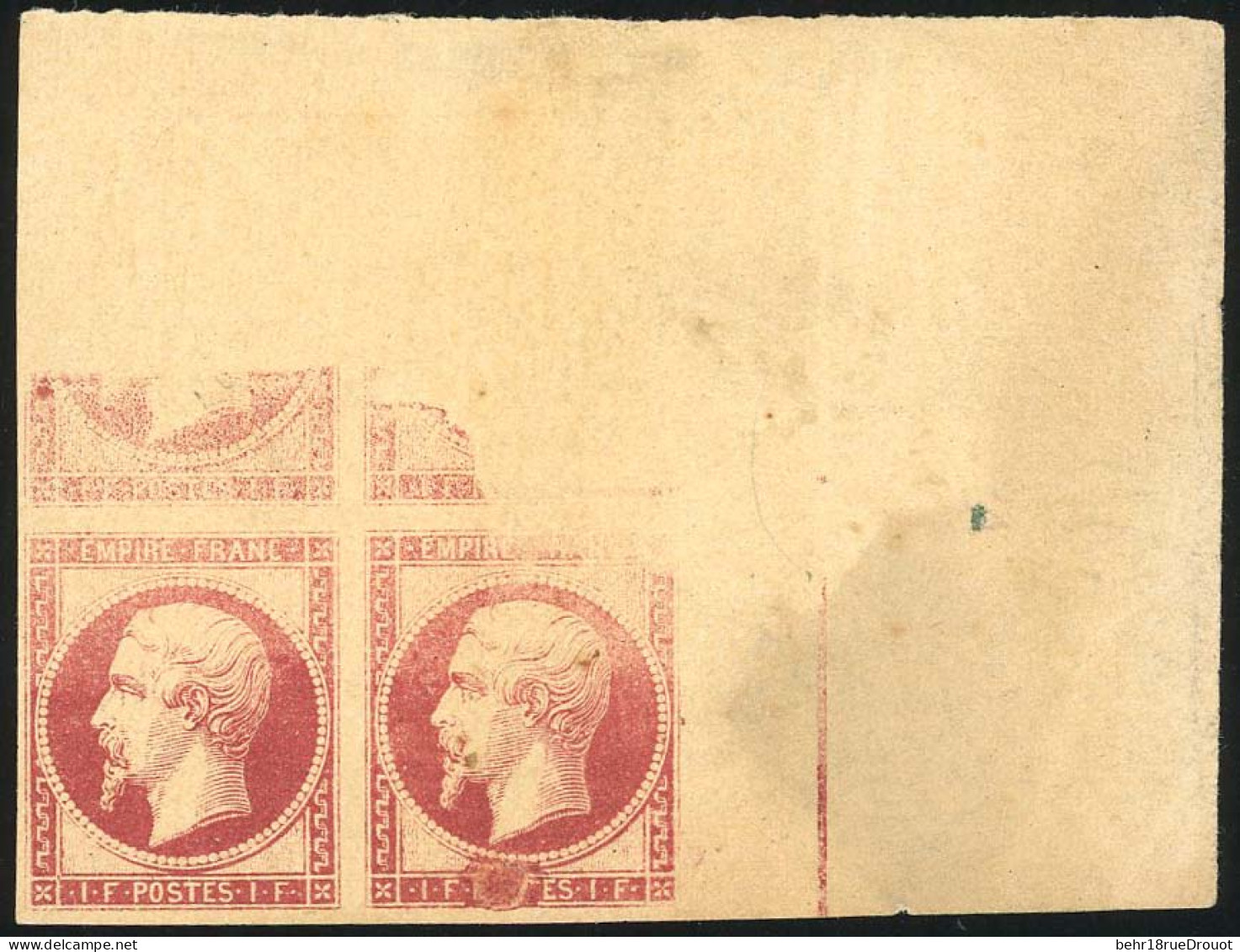 (*) 18 - 1F. Carmin. Bloc De 4 Avec Filet D'encadrement. Variété D'impression Défectueuse Du Timbre Type. Pièce Unique. - 1853-1860 Napoléon III.