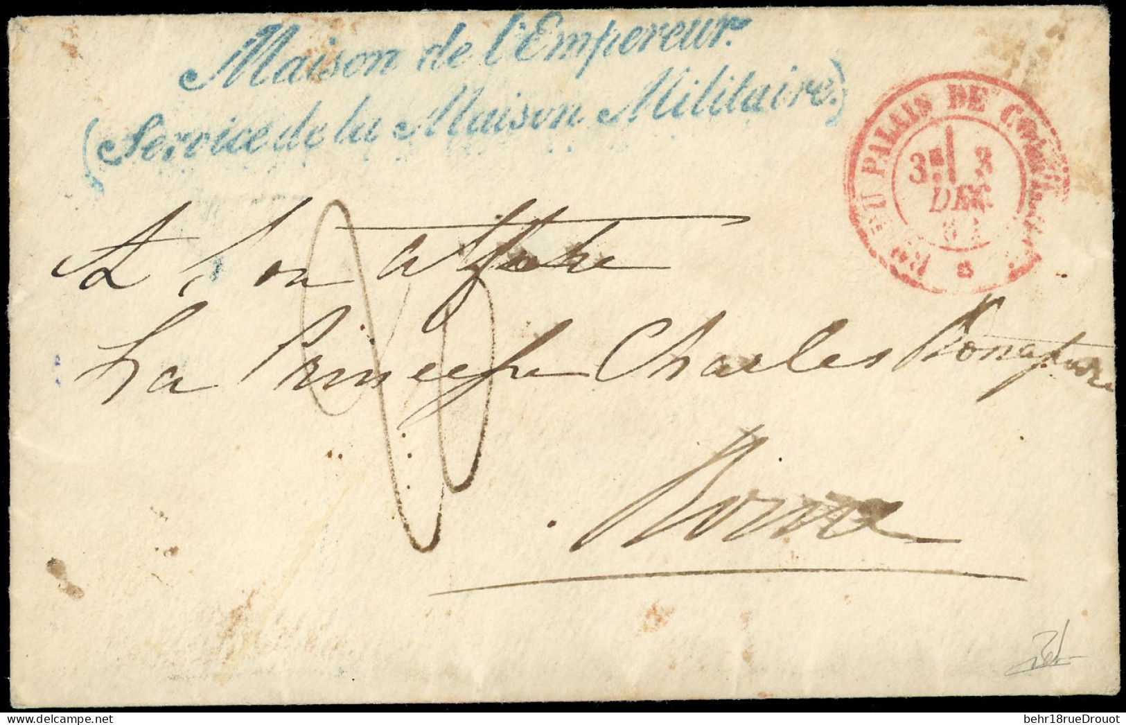 Obl. Lettre Taxée à 20d. Frappée De La Griffe Bleue MAISON DE L'EMPEREUR (Service De La Maison Militaire) Et Du CàD Roug - 1862 Napoléon III