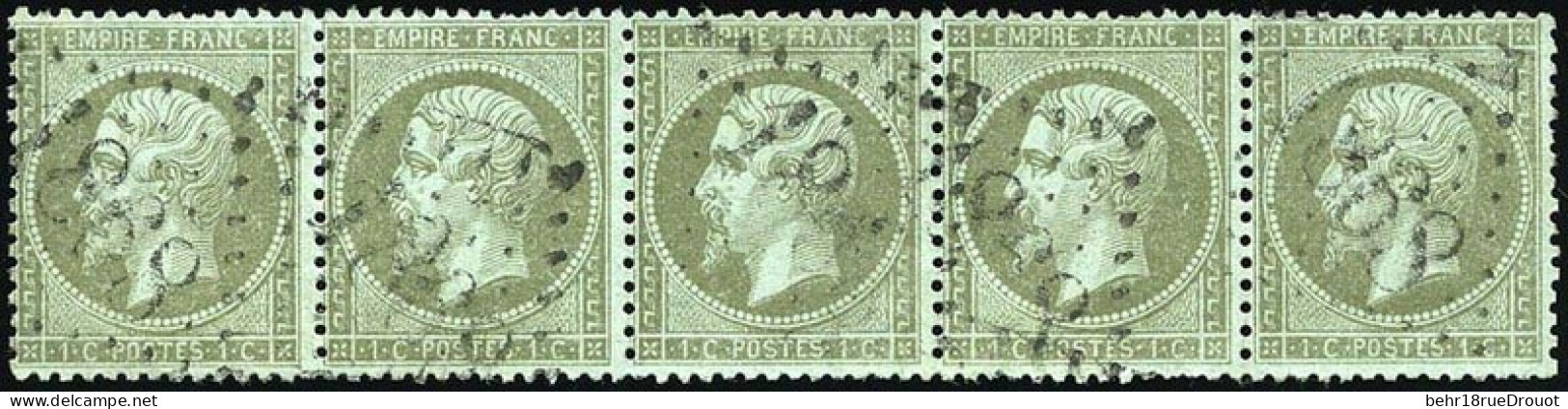 Obl. 19 - 1c. Vert-olive. Bande De 5. Obl. GC 1868. TB. - 1862 Napoléon III