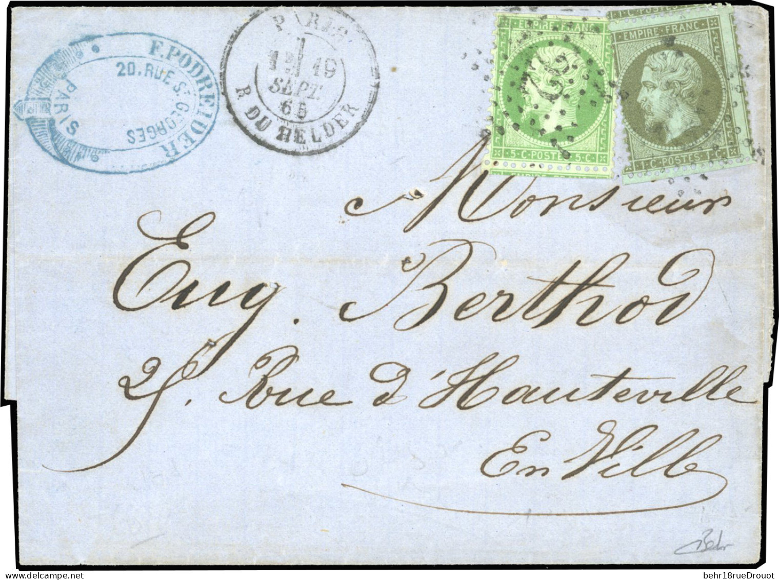 Obl. 19+20 - 1c. Et 5c. Obl. étoile 22 S/lettre Locale Frappée Du CàD De PARIS - RUE DU HELDER Du 19 Septembre 1865 à De - 1862 Napoléon III