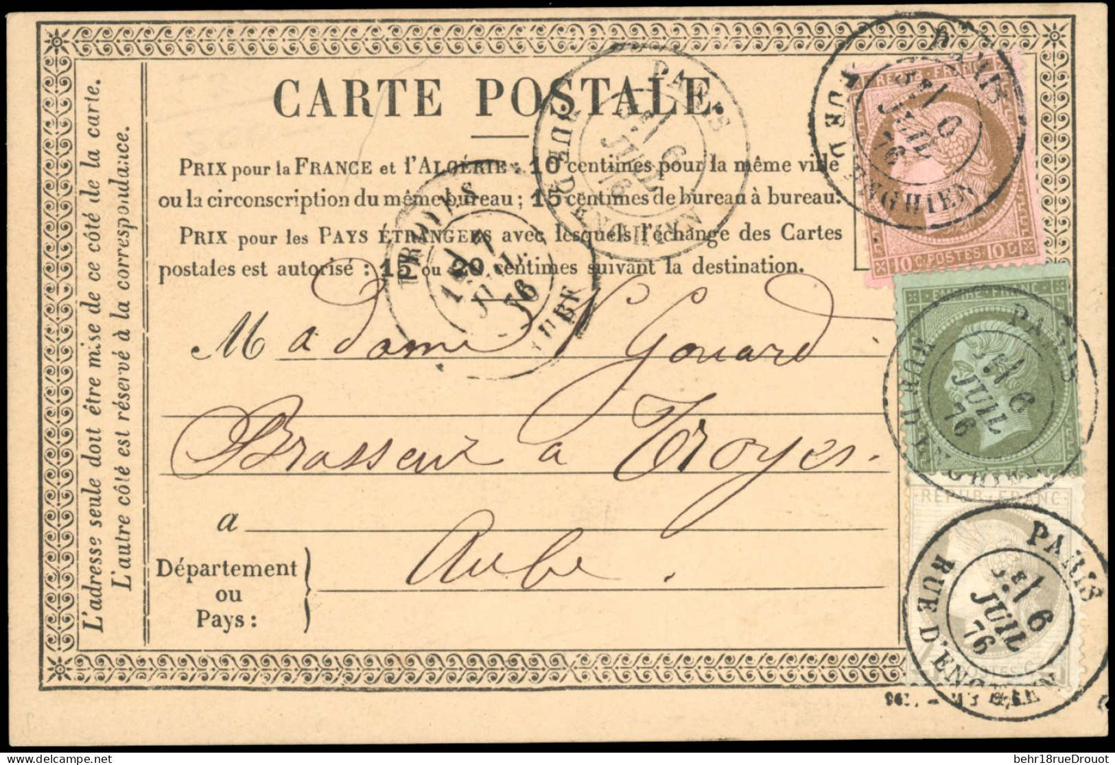 Obl. 19+ 52 + 54 - 3 Valeurs Obl. S/carte Postale Frappée Du CàD De PARIS - RUE D'ENGHIEN Du 6 Juillet 1876 à Destinatio - 1862 Napoléon III