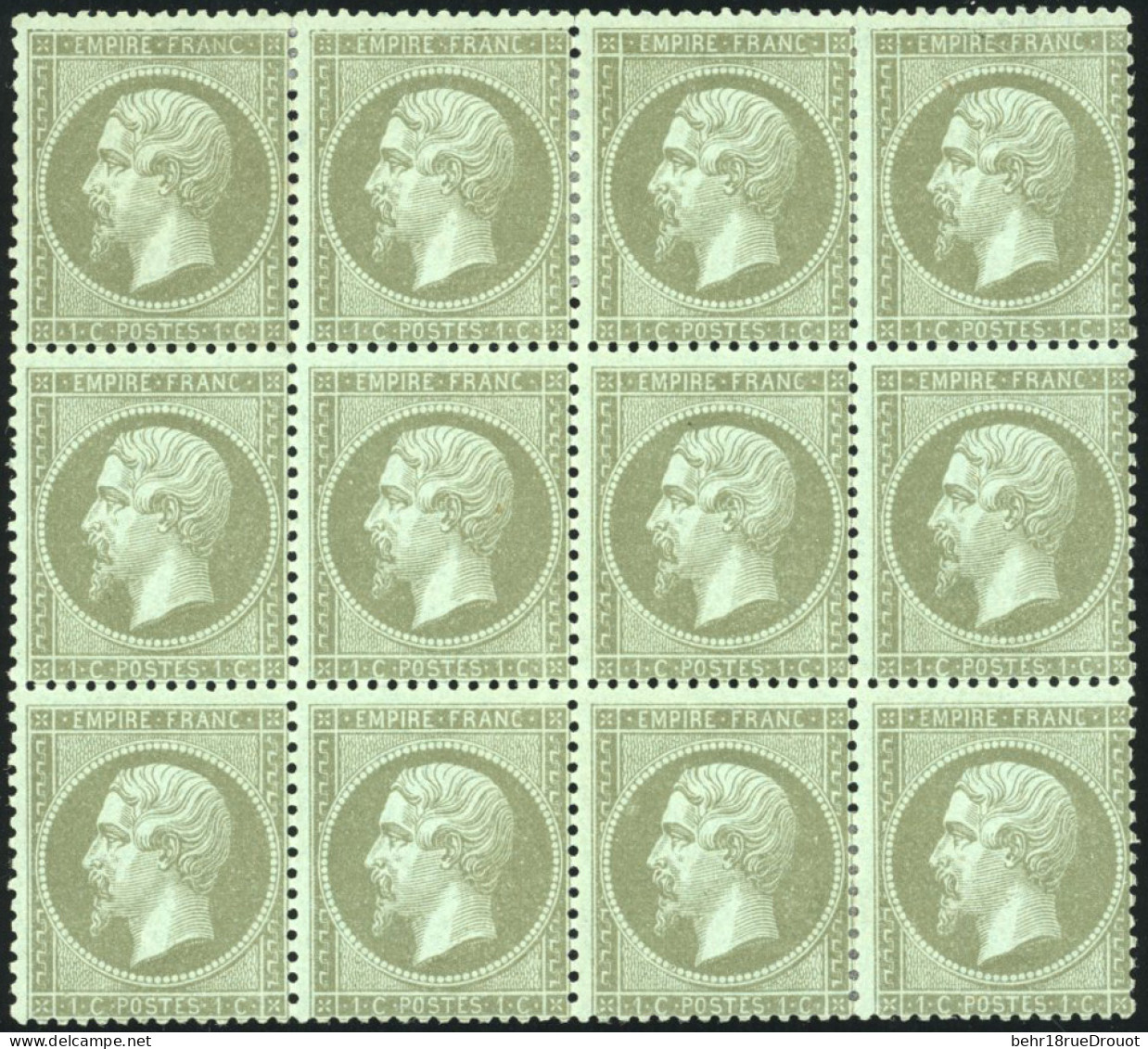 ** 19d - 1c. Vert-olive. Bloc De 12 Avec Variété ''Grand C Dans Le Cartouche'' Dans Le Timbre Supérieur Gauche. 9 Exempl - 1862 Napoleon III