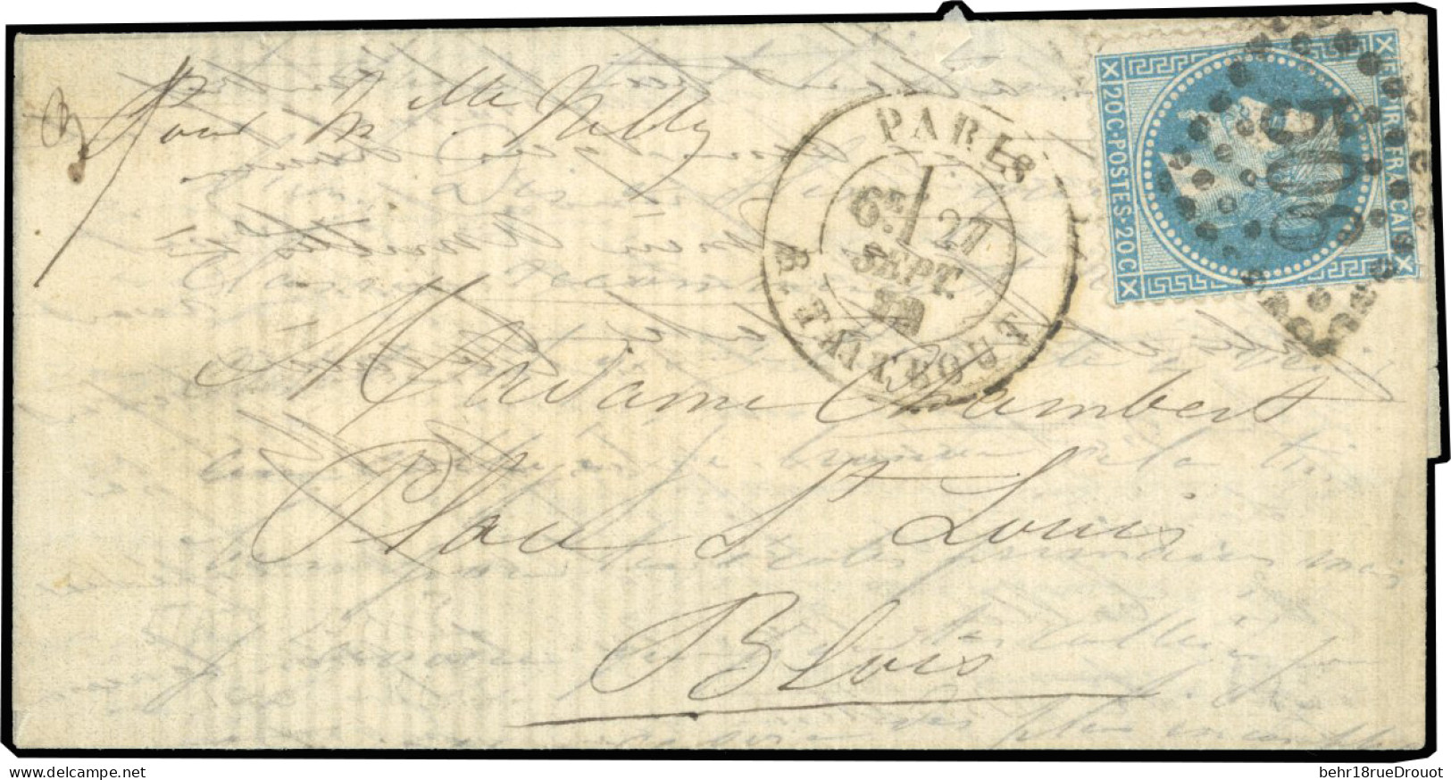 Obl. 29 - LES ETATS-UNIS. 20c. Lauré Obl. GC 506 (à L'arrivée) S/lettre Frappée Du CàD De PARIS - R. TAITBOUT Du 27 Sept - Guerre De 1870