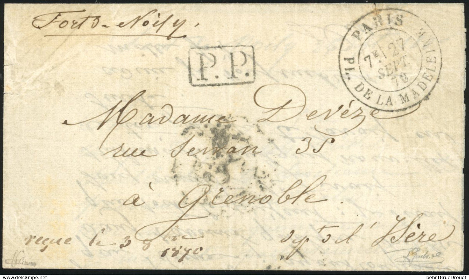 Obl. LE CELESTE. Lettre Manuscrite Du Fort De NOISY Frappée Du Cachet ''P.P'' Ainsi Que Du CàD De PARIS - PLACE DE LA MA - Krieg 1870