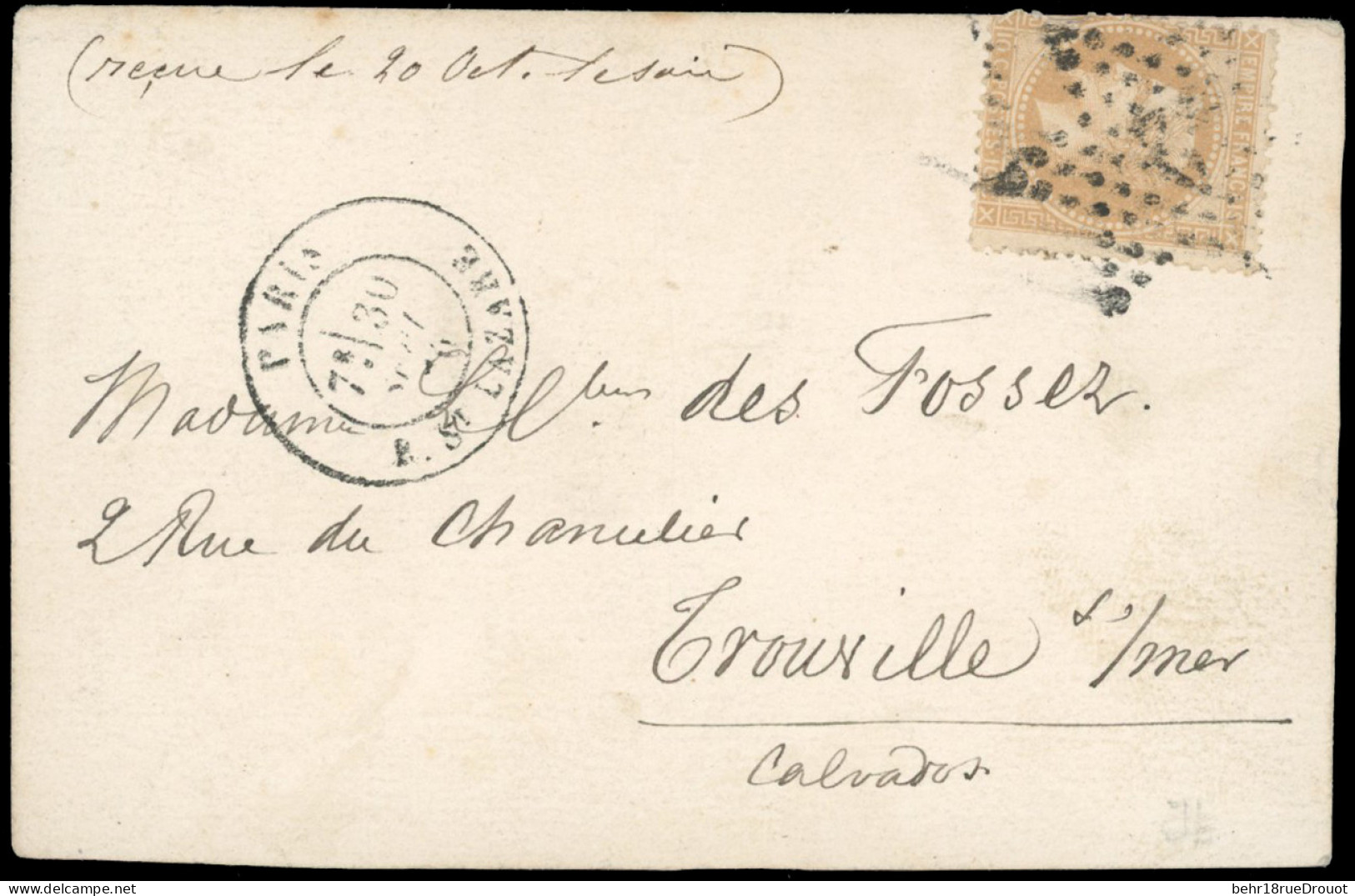 Obl. 28 - L'ARMAND BARBES. 10c. Lauré Obl. étoile 2 S/carte Frappée Du CàD De PARIS R. ST-LAZARE Du 30 Septembre 1870 à  - War 1870