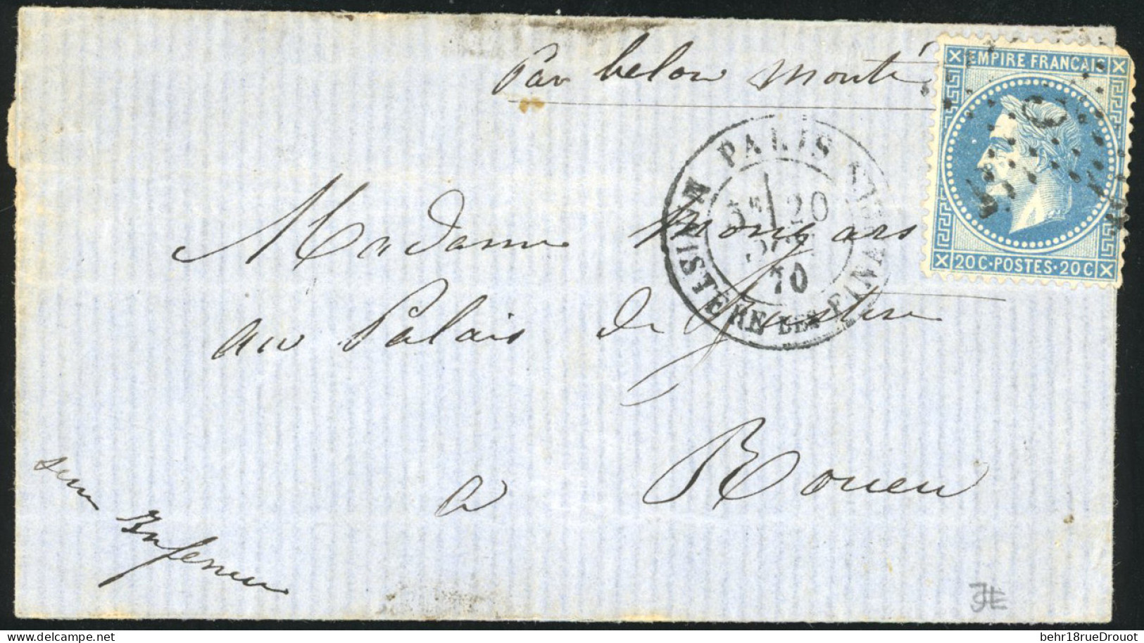 Obl. 29 - LE GARIBALDI. 20c. Lauré Obl. étoile ''5'' S/lettre Frappée Du CàD De PARIS - MINISTERE DES FINANCES Du 20 Oct - War 1870