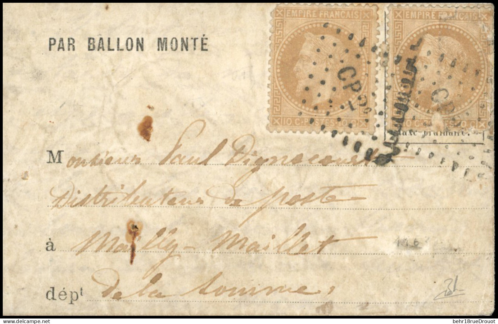 Obl. 28 X 2 - Pli Confié Du FULTON. 10c. Lauré X 2 Obl. Losange CP2° S/lettre Manuscrite De PARIS Du 31 Octobre 1870 à D - War 1870