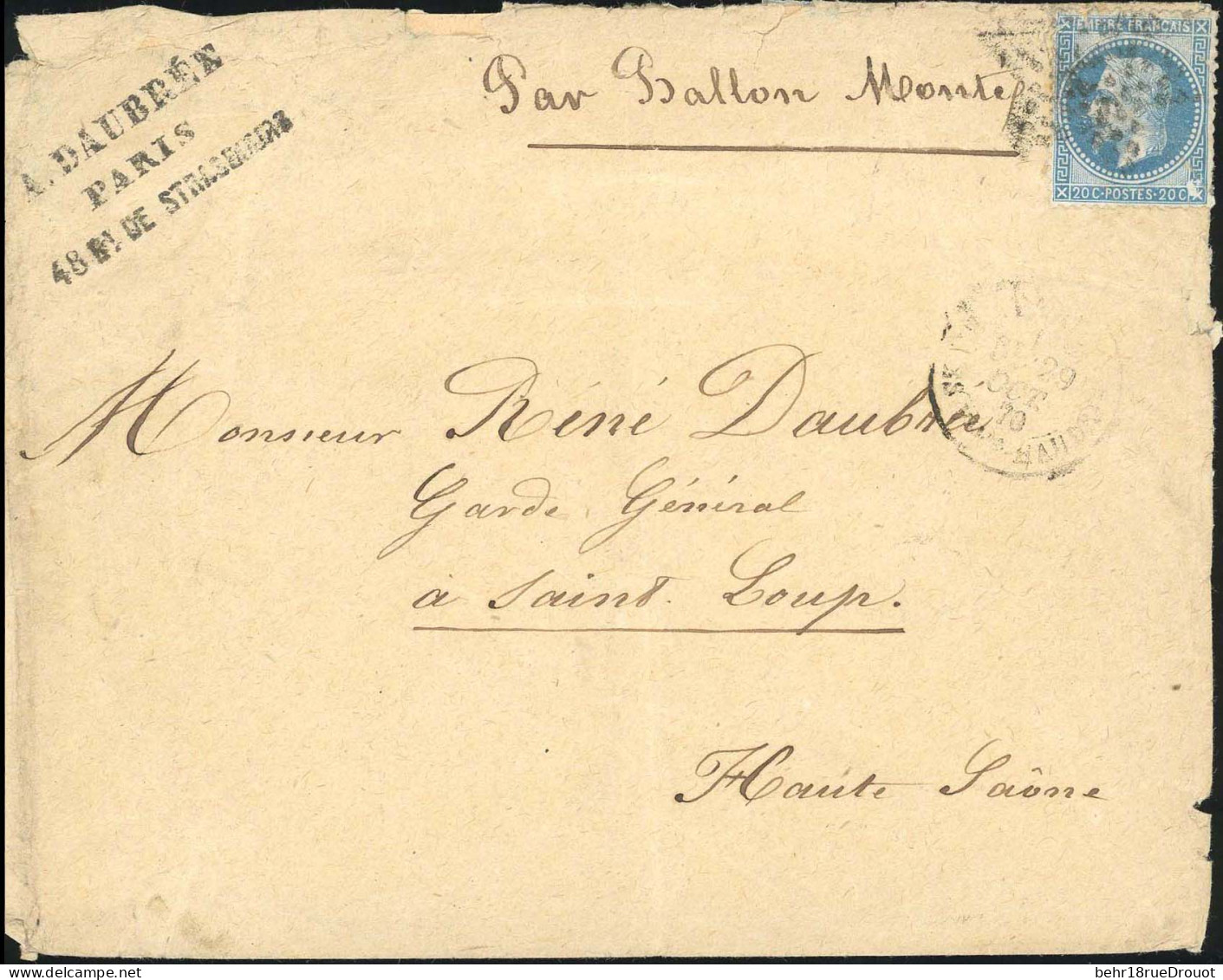 Obl. 29 - LE FULTON. 20c. Lauré Obl. étoile S/lettre Frappée Du CàD De PARIS Du 29 Octobre 1870 à Destination De SAINT-L - Guerre De 1870