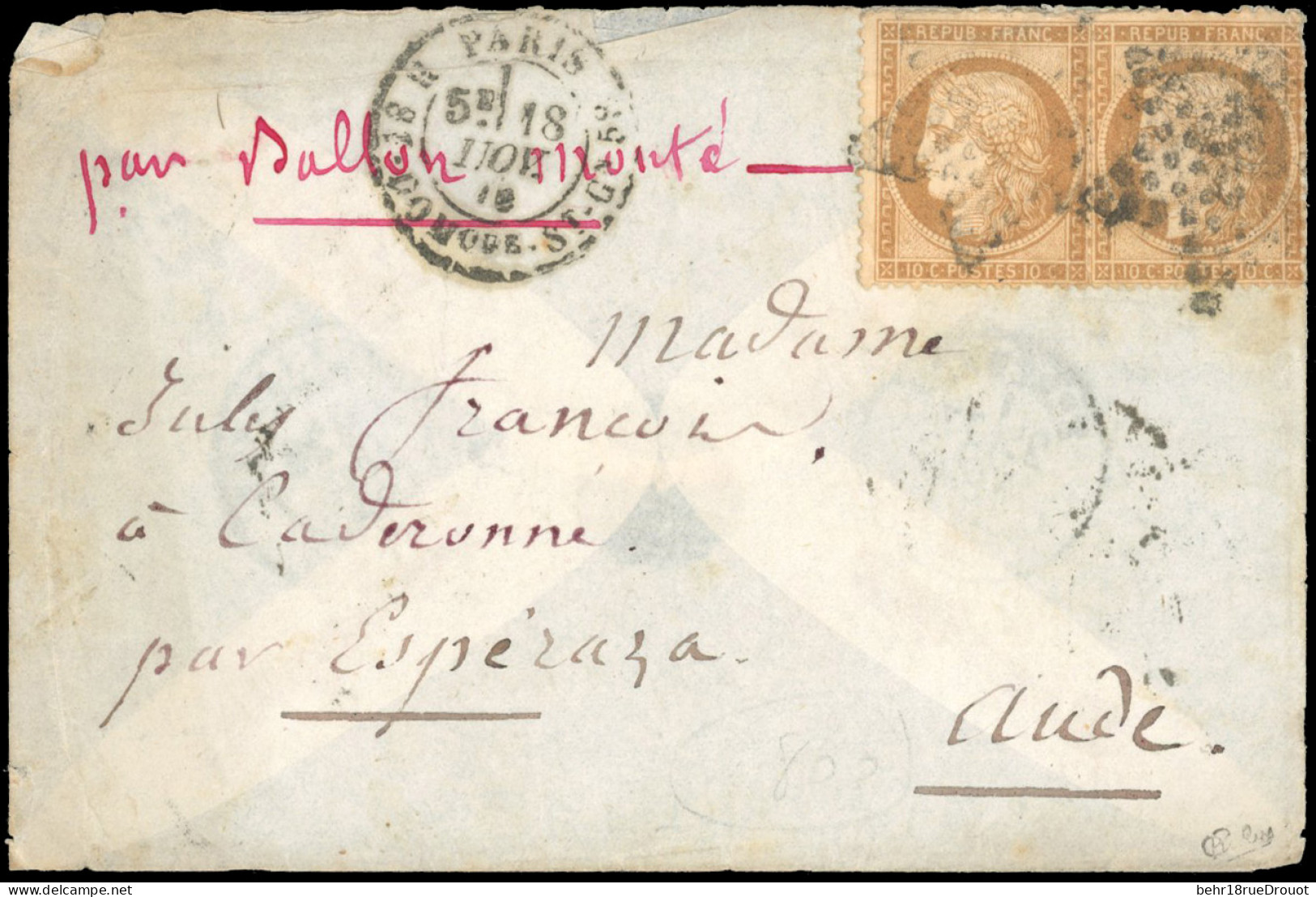 Obl. 36 - L'ARCHIMEDE. Paire Du 10c. Siège Obl. étoile 20 S/lettre Frappée Du CàD De PARIS - R. ST-DOMQUE ST-GN Du 18 No - Oorlog 1870