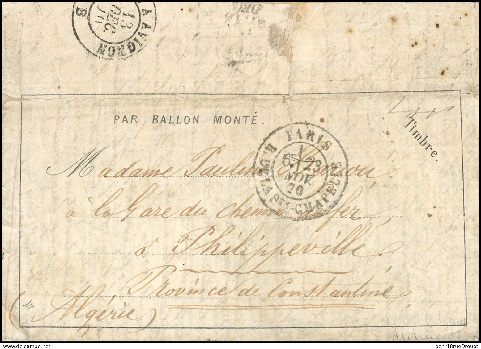 Obl. LA VILLE D'ORLEANS. Dépêche-Ballon N°8, Timbre Absent, Frappée Du CàD De PARIS - R. DE LA CHAPELLE Du 23 Novembre 1 - War 1870