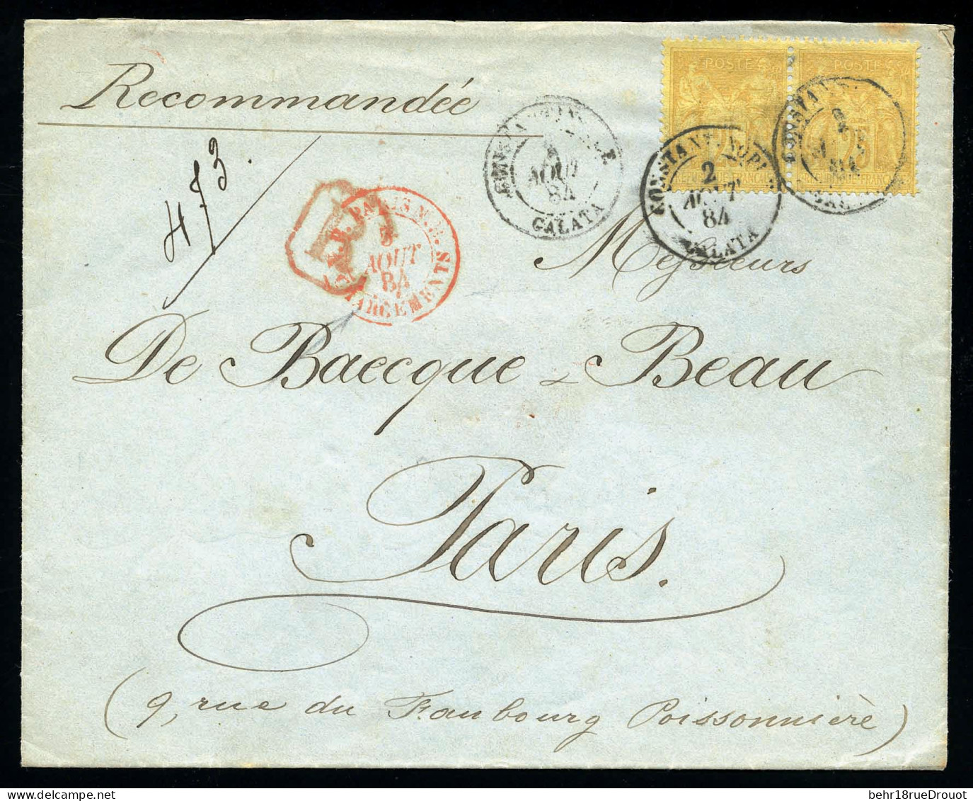 Obl. 92 - CONSTANTINOPLE. Paire Du 25c. Sage Obl. S/lettre Recommandée Frappée Du CàD De CONSTANTINOPLE - GALATA Du 2 Ao - 1849-1876: Période Classique