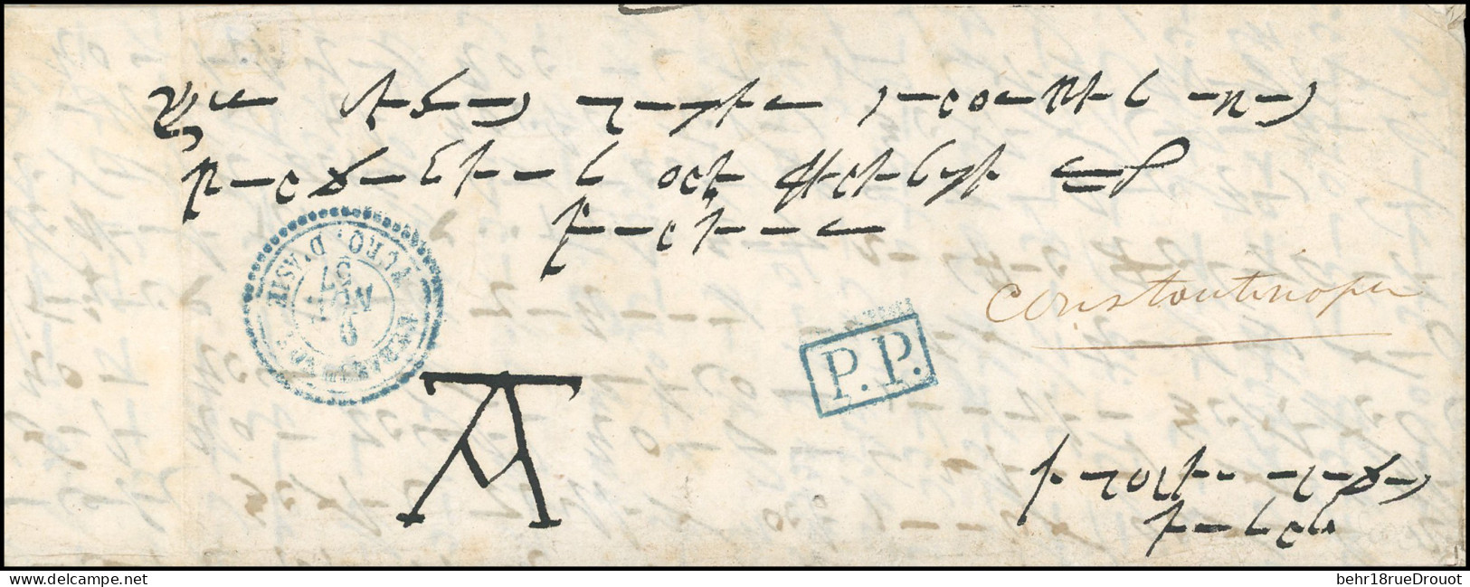 Obl. KUSTENDJE. Lettre Manuscrite En Bizantin Frappée Du Cachet Bleu "P.P." Et Du Càd Bleu De KUSTENDJE Du 9 Novembre 18 - 1849-1876: Période Classique