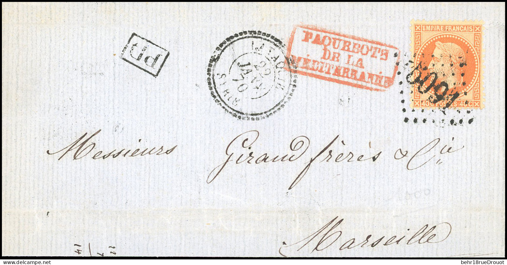 Obl. 31 - LATTAQUIE.  40c. Empire, GC 5091 S/lettre Frappée Du CàD Perlé De LATTAQUIE - SYRIE Du 22 Janvier 1870 à Desti - 1849-1876: Classic Period