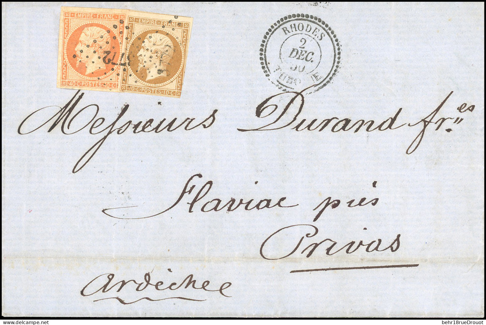 Obl. 13 + 16 - RHODES. 10c. + 40c. Empire, PC 3772 S/lettre Frappée Du CàD Perlé De RHODES - TURQUIE Du 2 Décembre 1860  - 1849-1876: Période Classique