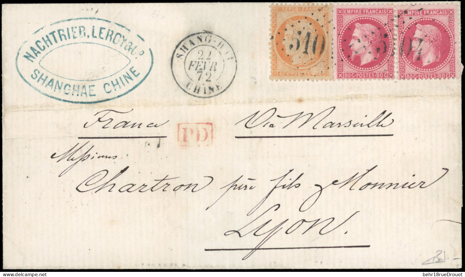 Obl. 32x 2 + 38 - SHANGHAI. 80c. Lauré X 2 + 40c. Siège Obl. GC 5104 S/lettre Frappée Du CàD De SHANGHAI - CHINE Du 22 F - 1849-1876: Période Classique