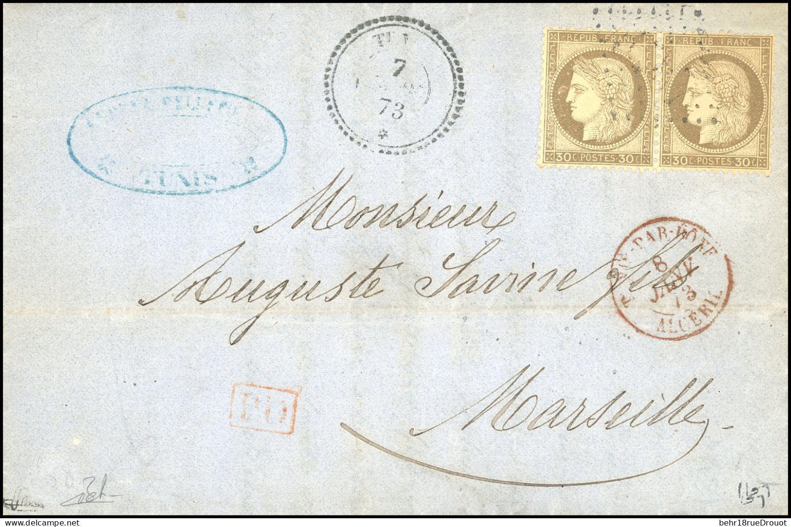 Obl. 56 - TUNIS. Paire Du 30c. Cérès Obl. GC S/lettre Frappée Du CàD Perlé De TUNIS 7 Janvier 1873 à Destination De MARS - 1849-1876: Klassieke Periode